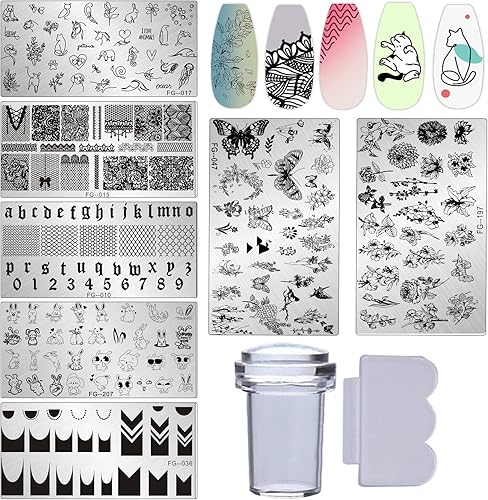 LuckForever Kit de estampado de uñas, 7 unidades, diseño de flores, animales, letras de uñas, placa de estampado de encaje, gato, perro, mariposa,