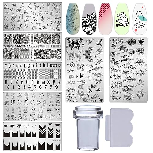 LuckForever Kit de estampado de uñas, 7 unidades, diseño de flores, animales, letras de uñas, placa de estampado de encaje, gato, perro, mariposa,