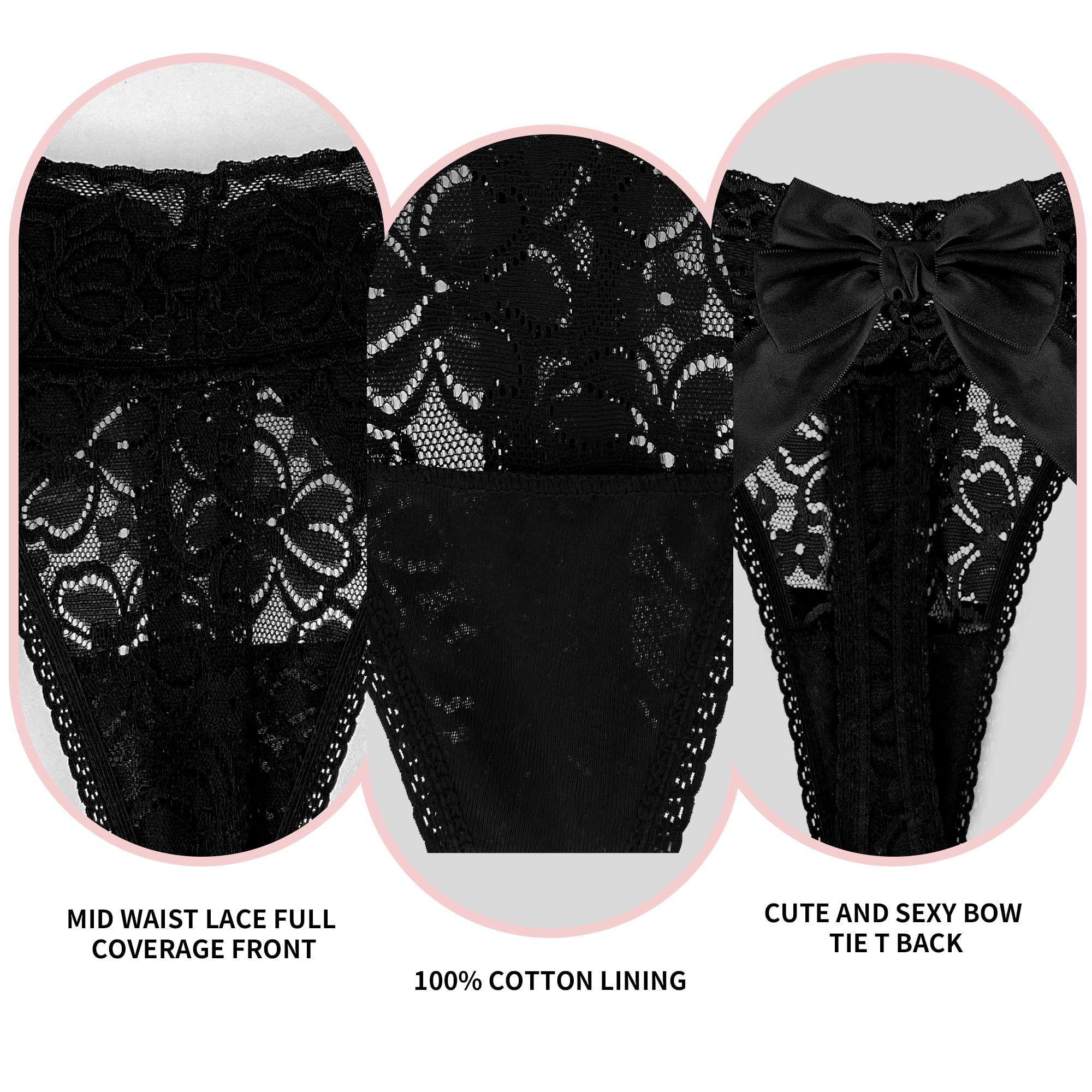 Lot de 4 strings en dentelle pour femme avec nœud papillon et culotte taille moyenne Blanc Noir Violet Rouge Taille XS à 4XL