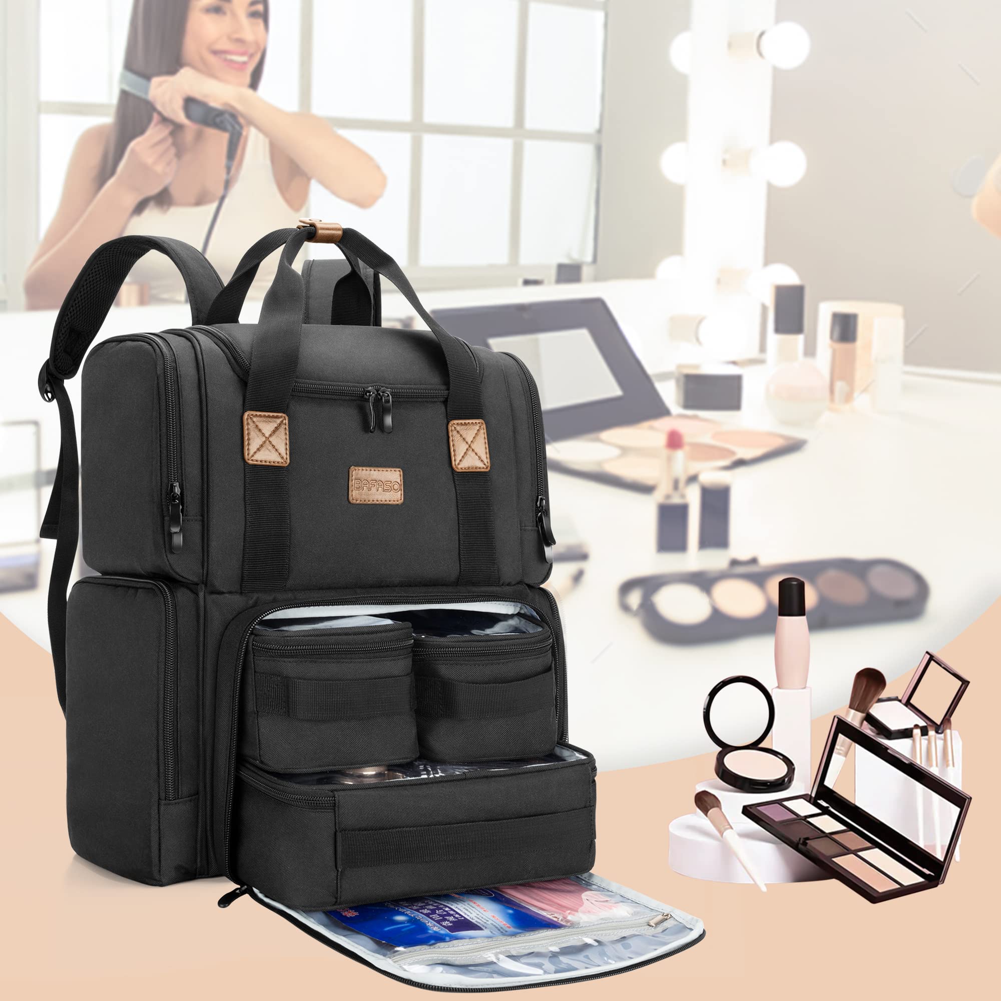 BAFASO Bolsa de Cosméticos Mochila con 3 Bolsas Interiores Extraíbles, Bolsa de Maquillaje de Viaje con Múltiples Bolsillos (Solo Bolsa), Negro