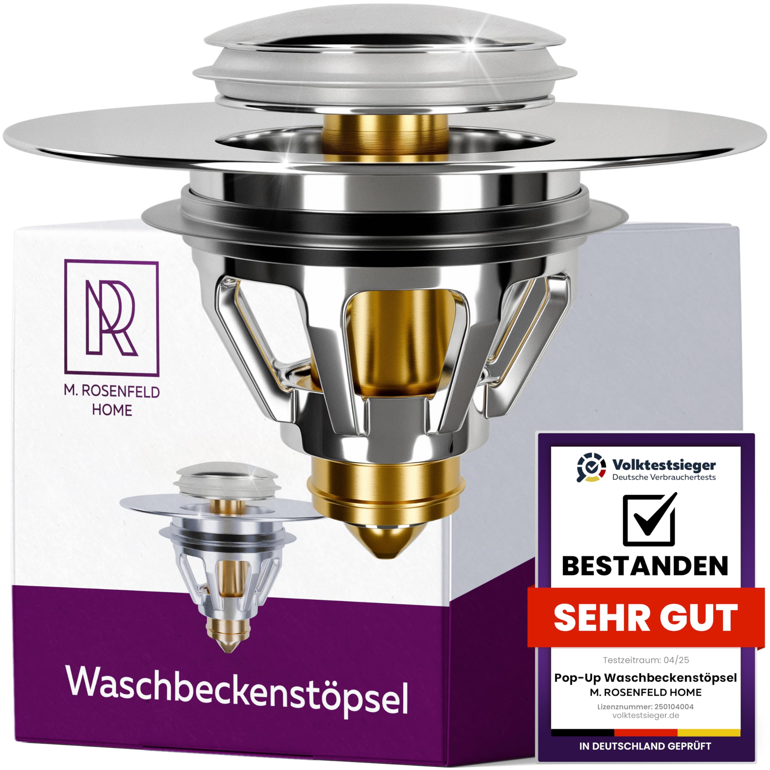 M. ROSENFELD HOME Abflussstopfen Waschbeckenstöpsel mit Sieb - Universal Waschbecken Verschluss Pop Up Abflussstöpsel aus Messing 34-38mm