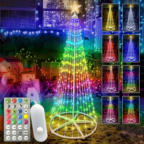 Árbol de cono de Navidad preiluminado con luces y estrella 6 pies, 275 LED, 32 teclas, 24 modos, 16 millones de colores que cambian de color, árbol