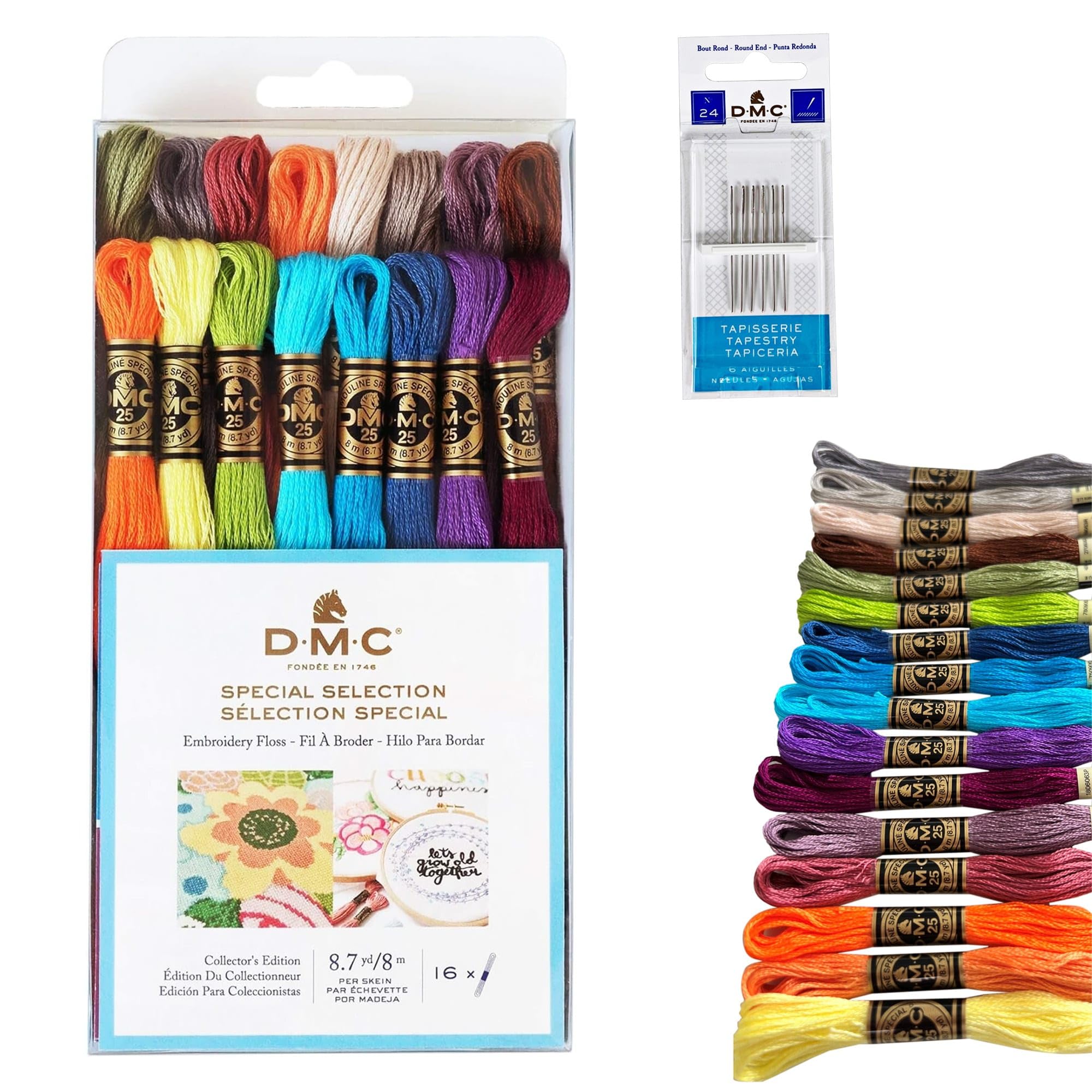 DMC Embroidery Floss, Pack of 16 DMC Embroidery Thread,New Color Kit Bundle with Cross Stitch Hand Embroidery Needles Size 24.Premium Supplies for Embroidery String,Yarn Set, DMC Cross Stitch Threads