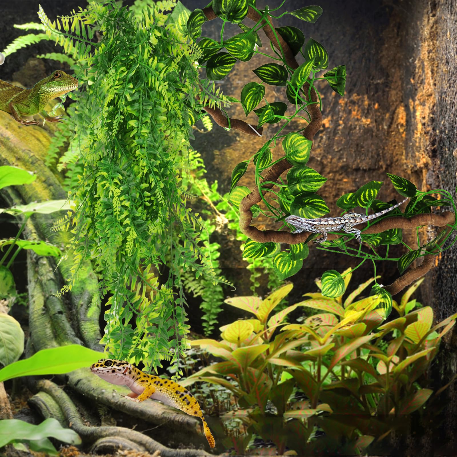 QUOZUO Terrarium Plante Decoration Vignes Plante tombante Artificielle Branche Decorative pour Lézard Escalade, Caméléon, Gecko, Serpents, Tortue