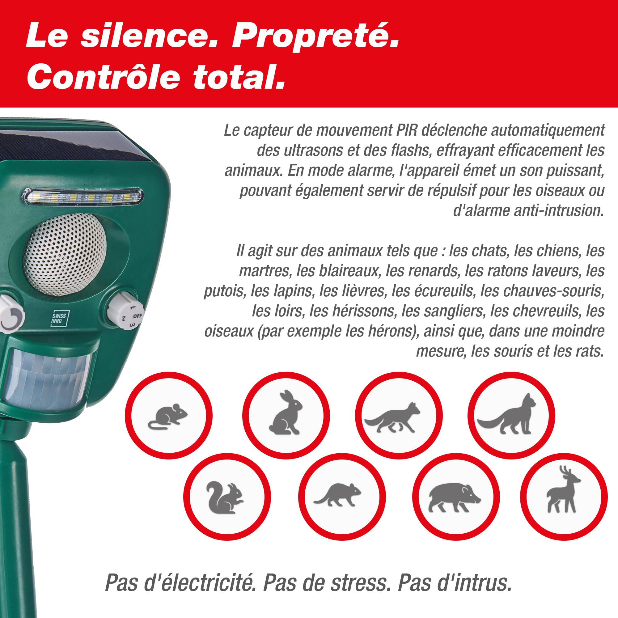 SWISSINNO Répulsif Chat Ultrason Animaux Pro Solaire 150 m² extérieur | Panneau Solaire, Répulsif Ultrasons Animaux, Chiens martres renards, flash LED, sirène, jour et nuit, electrique