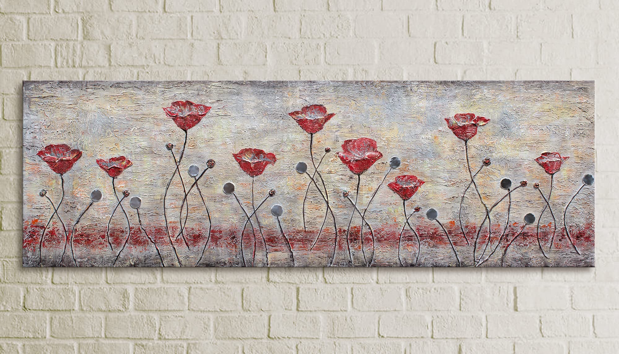 YS - Art Pittura astratta acrilica su tela papavero dipinta a mano quadri da parete soggiorno moderno decorazione per la casa design immagine marrone rosso grigio orizzontale vera arte 150 x 50 cm