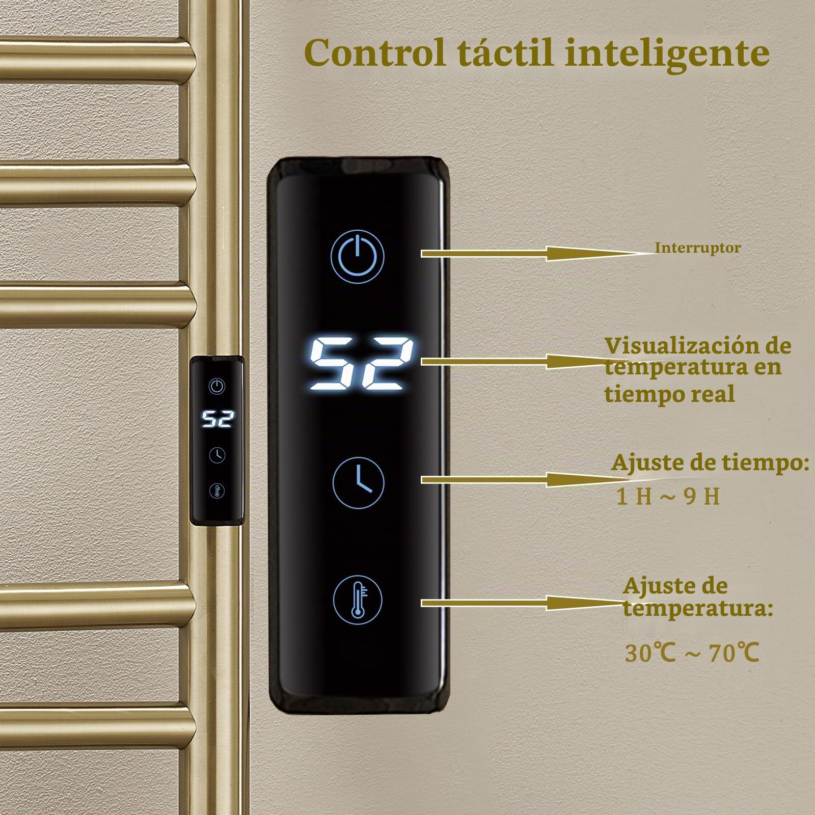 ESOP RadiadorToallero Eléctrico Baño Oro Cepillado 185 W Calienta Toallas 1100 x 600 mm 15 Varilla Curva WiFi Inteligente Temperatura Constante