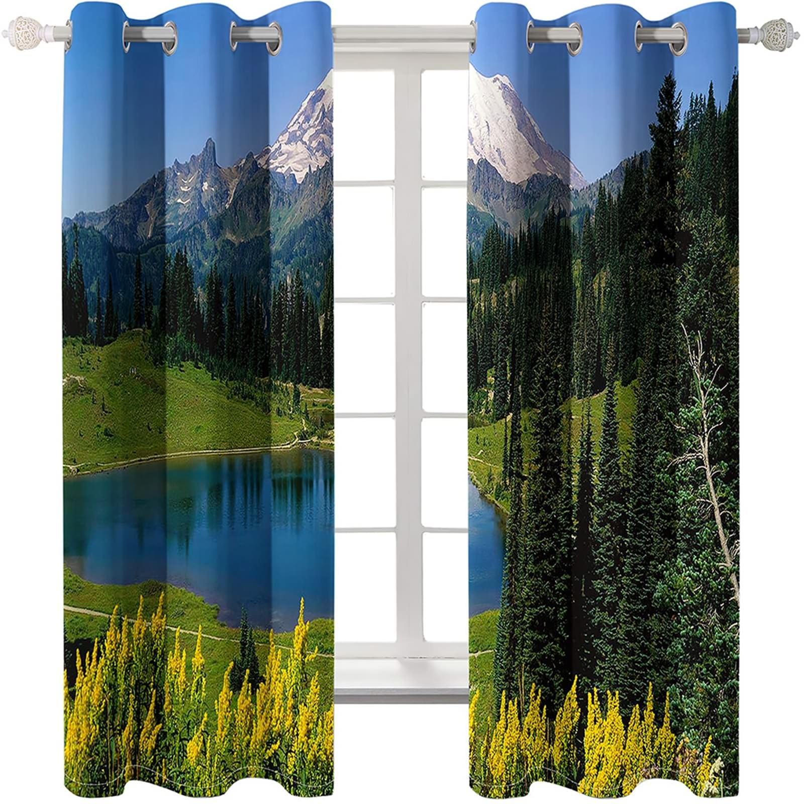 Vorhänge Thermo Verdunkelung 274 cm Lang, Vorhang Blickdicht mit Ösen 2er Set Blau Grün See und Berg Wald Landschaft Gardinen für Wohnzimmer Schlafzimmer Kinderzimmer, 244x274 cm(BxH)