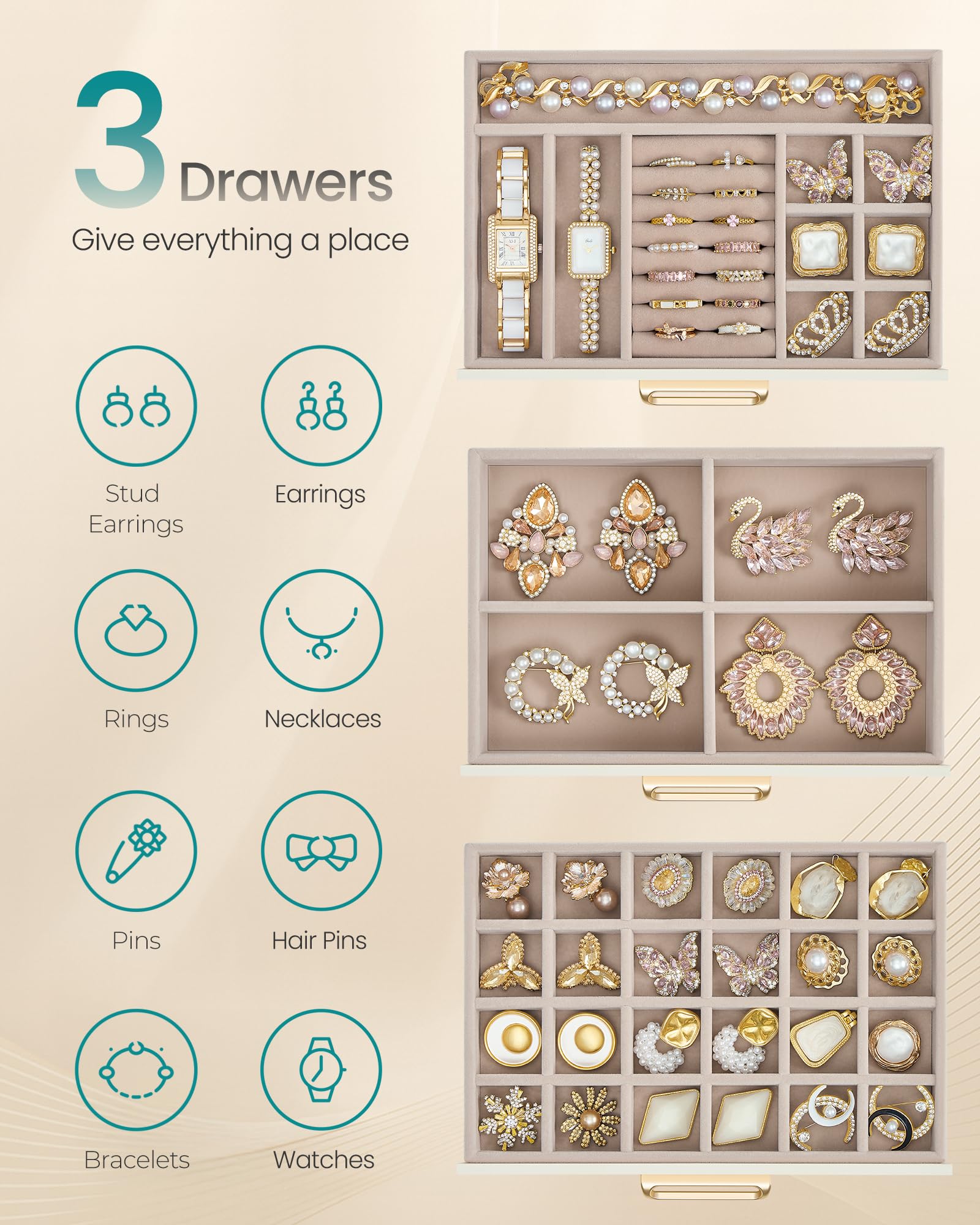 SONGMICS 3-Layer Jewelry Box with Glass Window, Jewelry Storage Organizer with 3 Drawers, Golden Handles, for Rings, Earrings, Bracelets, Gift Idea, Cream White, 16 x 24 x 12.5 cm UJBC206WD01 - 5