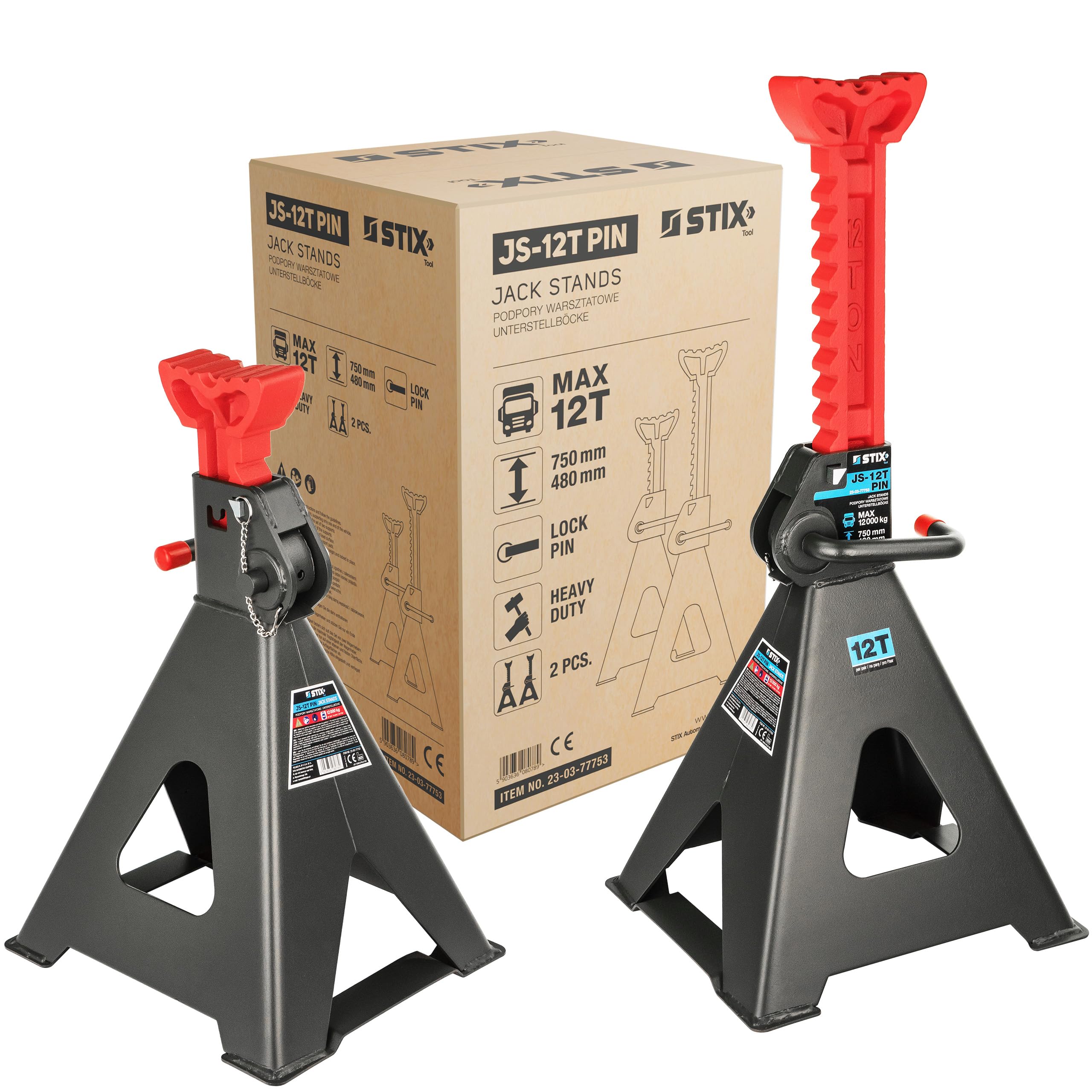 STIX Lot de 2 tréteaux 12T avec goupille de sécurité | Béquille de levage 480-750 mm, hauteur réglable à 13 niveaux, support de cric pour camionnette, camion, atelier