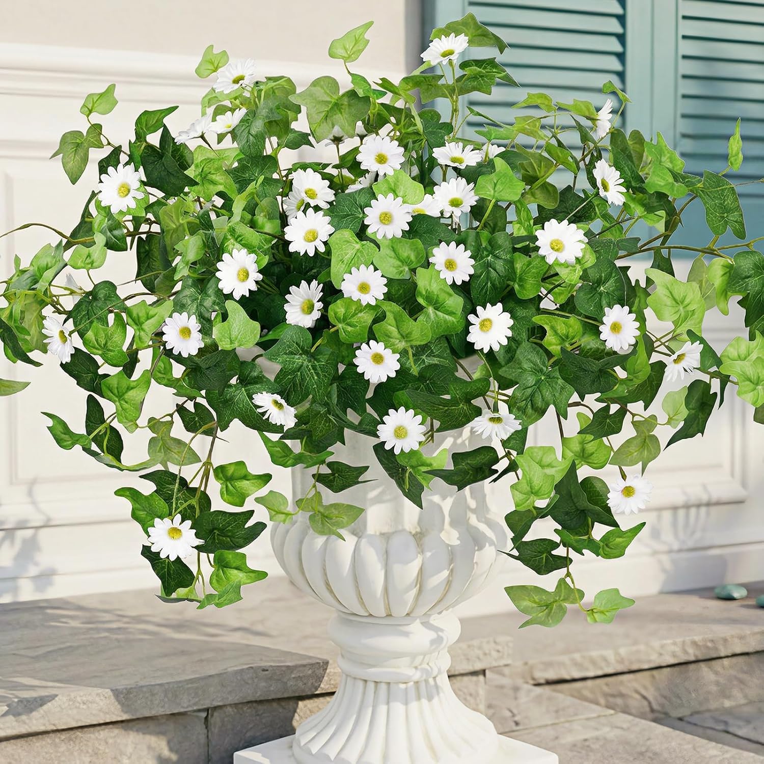 Krissing 3 Pcs Artificial Flowers for Outdoors UV Resistant Fake Ivy Plants Greenery Faux Silk Flowers Daisy for Outside Planters Garden Porch Window Box Balcony Summer Home Decor (White)