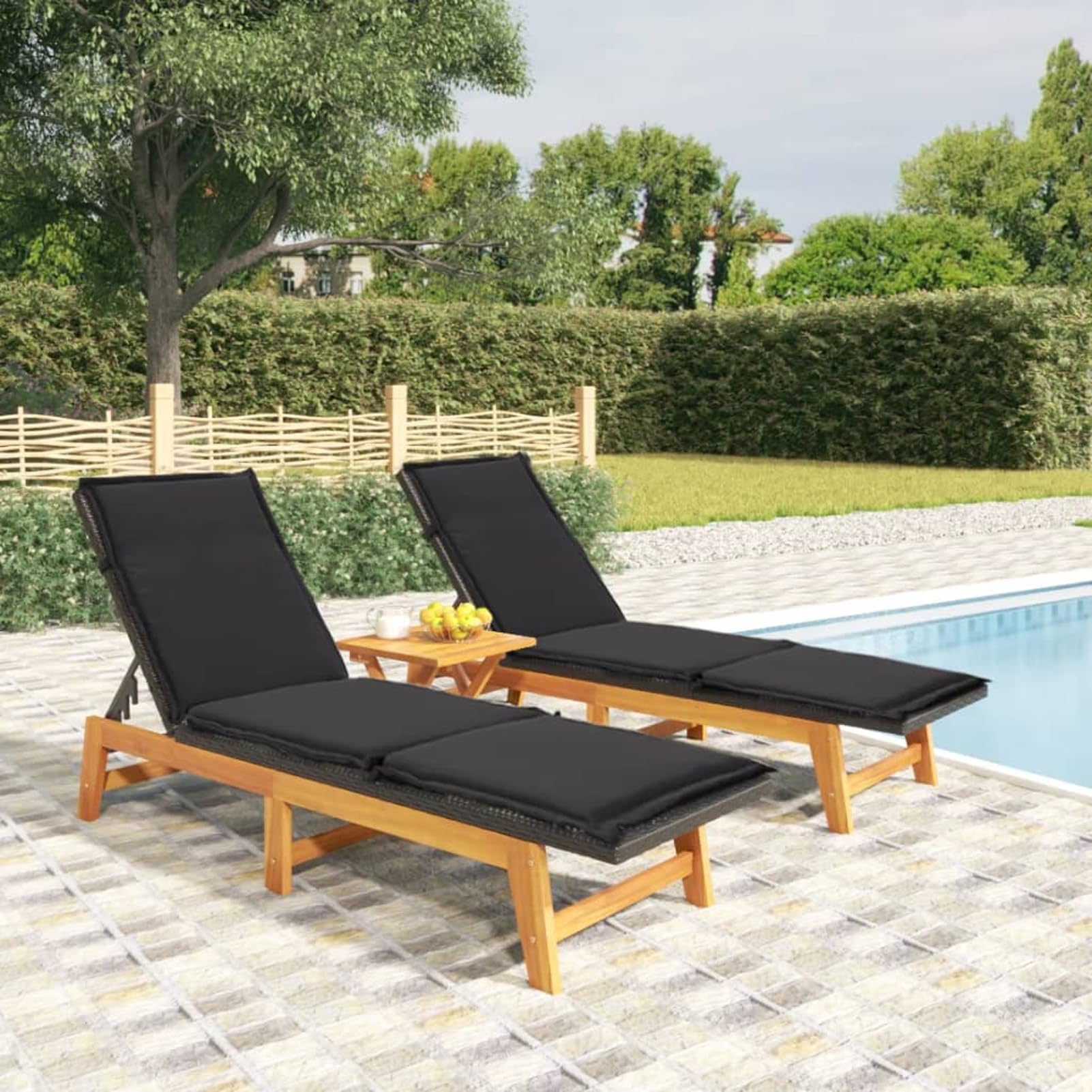 Homgoday Chaises Longues et Coussins Lot de 2 Résine Tressée et Acacia, Bain de Soleil de Jardin Dossier Réglable, Lit de Camping Transat de Relax pour Plage, Extérieur, Balcon, Terrasse