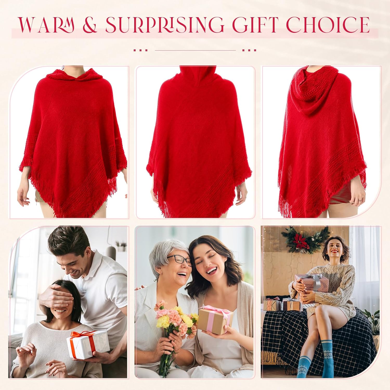 Women Hooded Cape Ponchos Sweater Solid Knit Versatile Lightweight Shawl Wrap Scarf Cape Poncho Accessories - Image 4