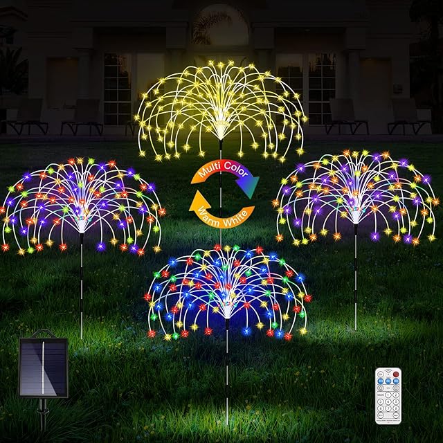 Solar Garden Lights, 4 Pack Upgrade Fireworks Lamp 11 Modes Multicolor and Warm White Sparkles Firefly Stake Solar Christmas Light, Solar Lights Outdoor Waterproof Decorative For Pathway Backyard Lawn