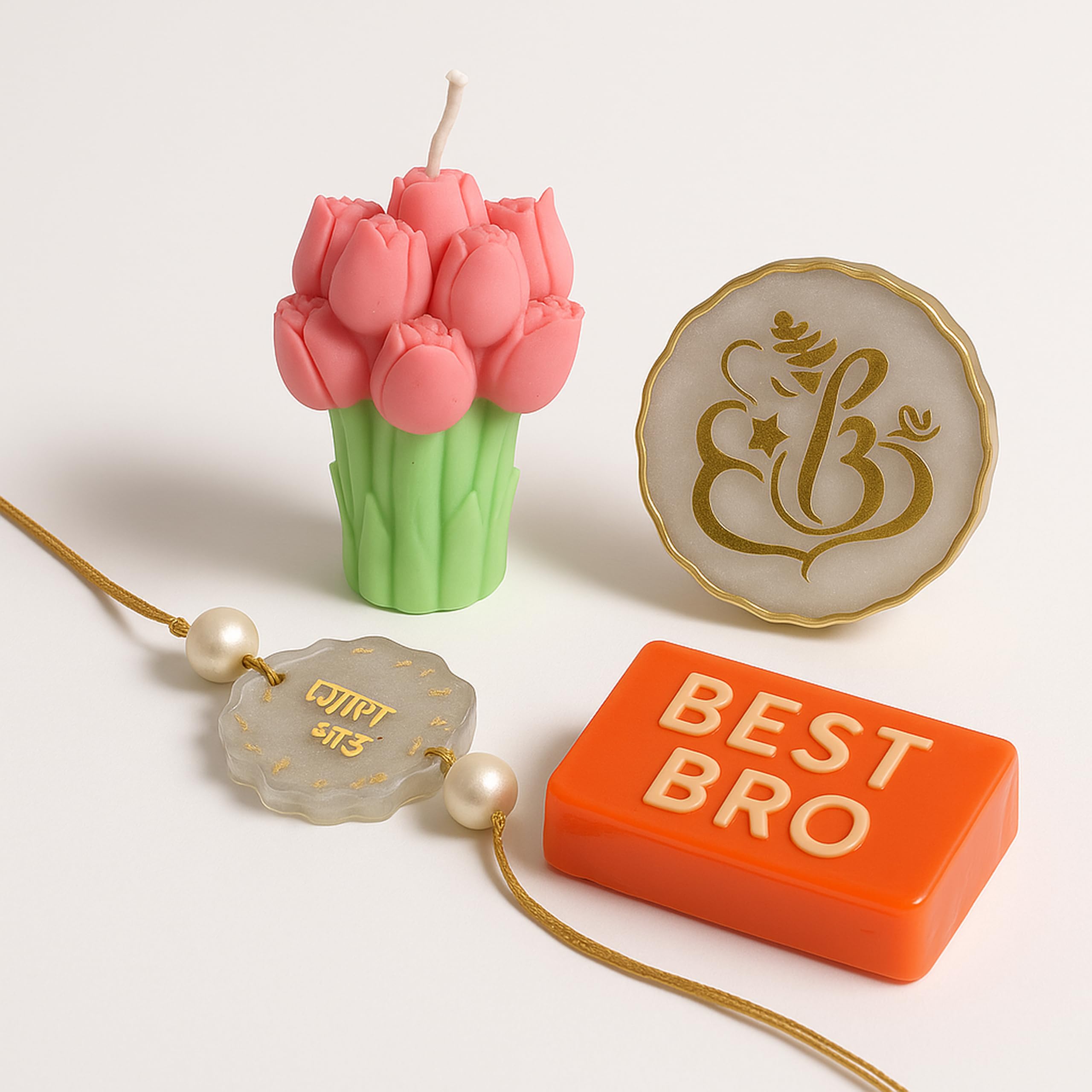 seraaf rakhi gift hamper for brother | pyara bhai rakhi with tulip soy wax scented candle, best bro bathing soap, resin ganesh ji coin – raksha bandhan gift for brother
