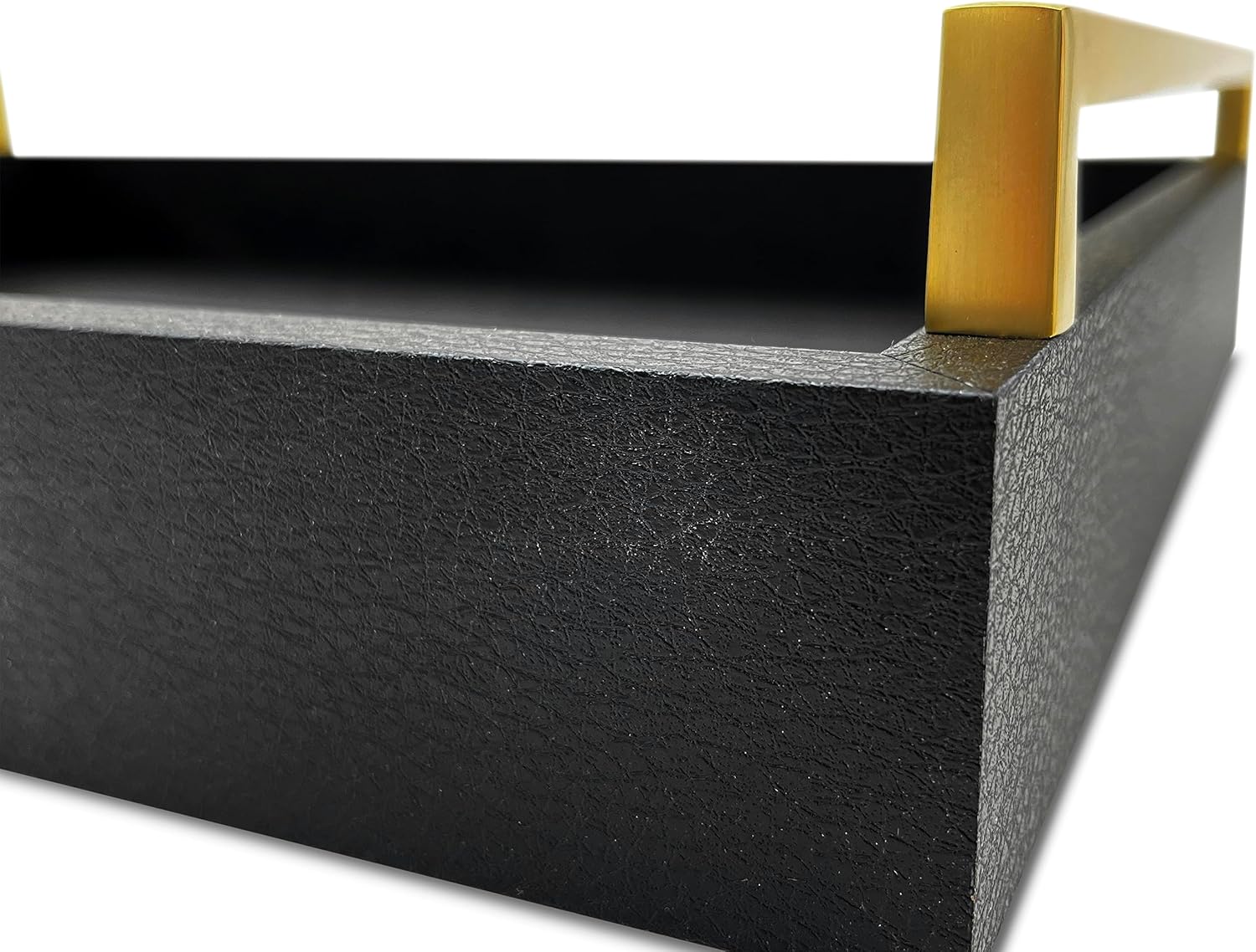 Decorative Coffee Table Tray - Shagreen Faux Leather - Ottoman Tray - Breakfast, Drinks, Liquor Serving Tray - Farmhouse to Modern - Brushed Champagne Gold Handles (Pitch Black) - Image 4