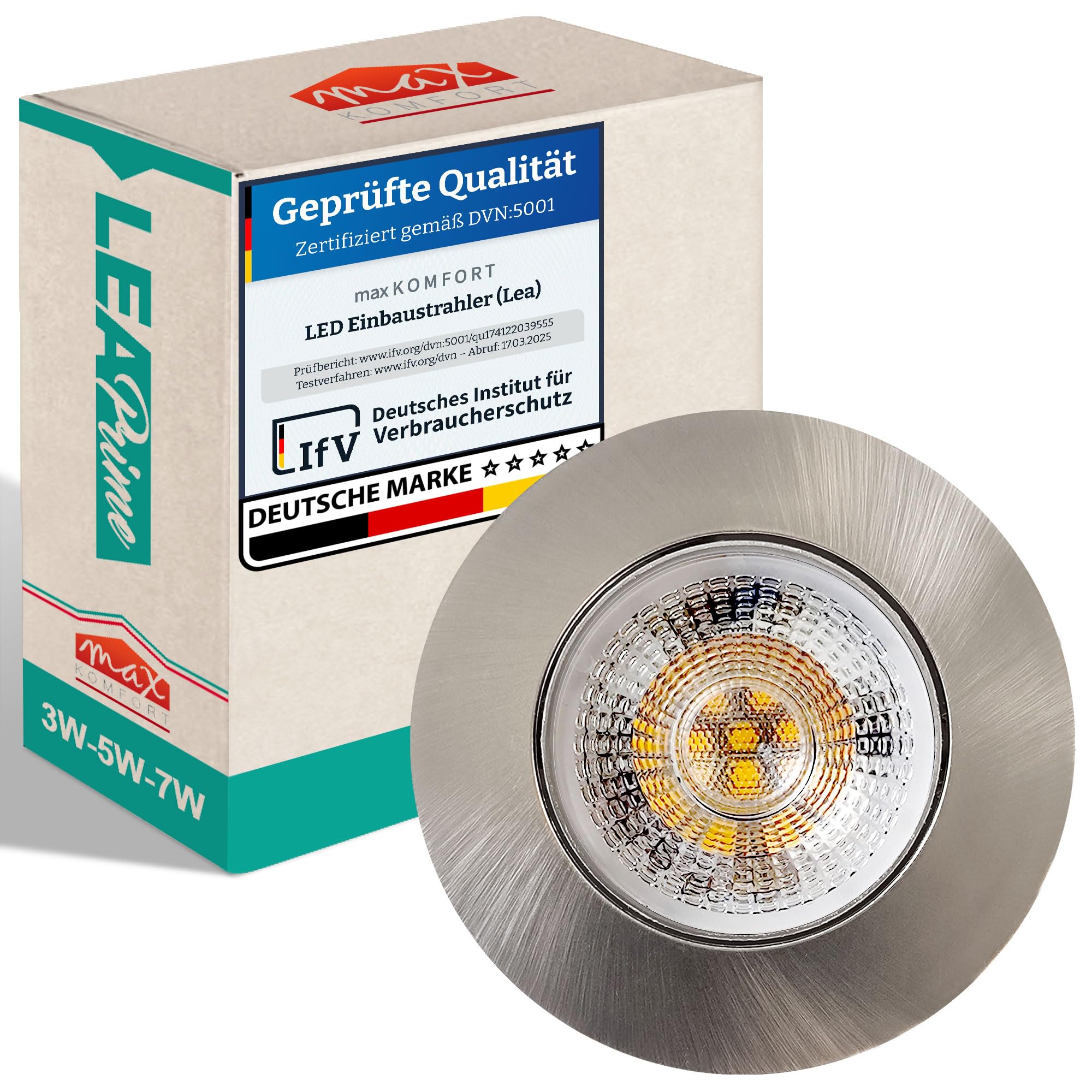 Maxkomfort 6er Set LED Einbaustrahler 230V Ultraflach & schwenkbar - 3 Lichtfarben (3000K/4000K/6000K) & 3W-5W-7W einstellbar, IP20 Deckenspots Edelstahl-Optik gebürstet - LEA-Prime
