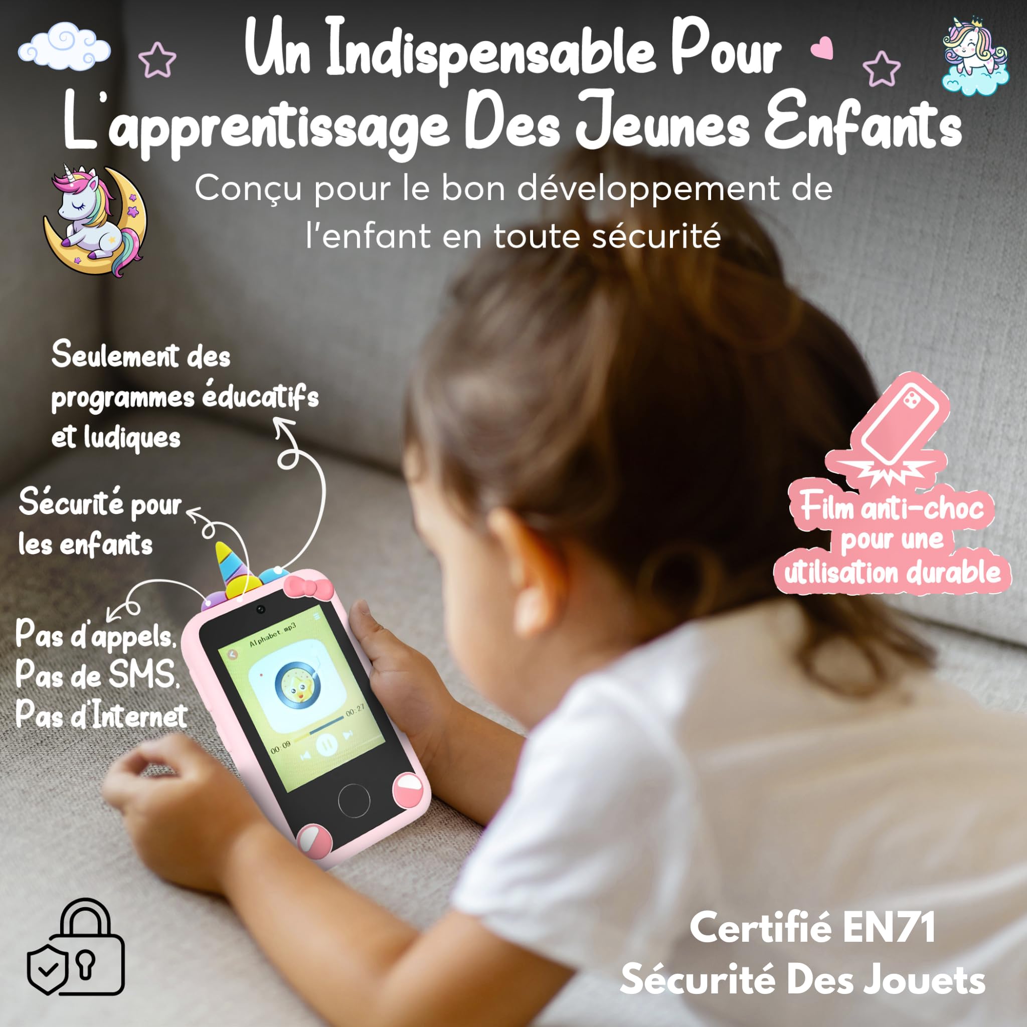 Telefono portatile per bambini – Smartphone giocattolo per bambini – fotocamera per bambini – regalo 3 – 9 anni – 20 giochi educativo-libro audio-musica MP3 in francese-bambino con programma