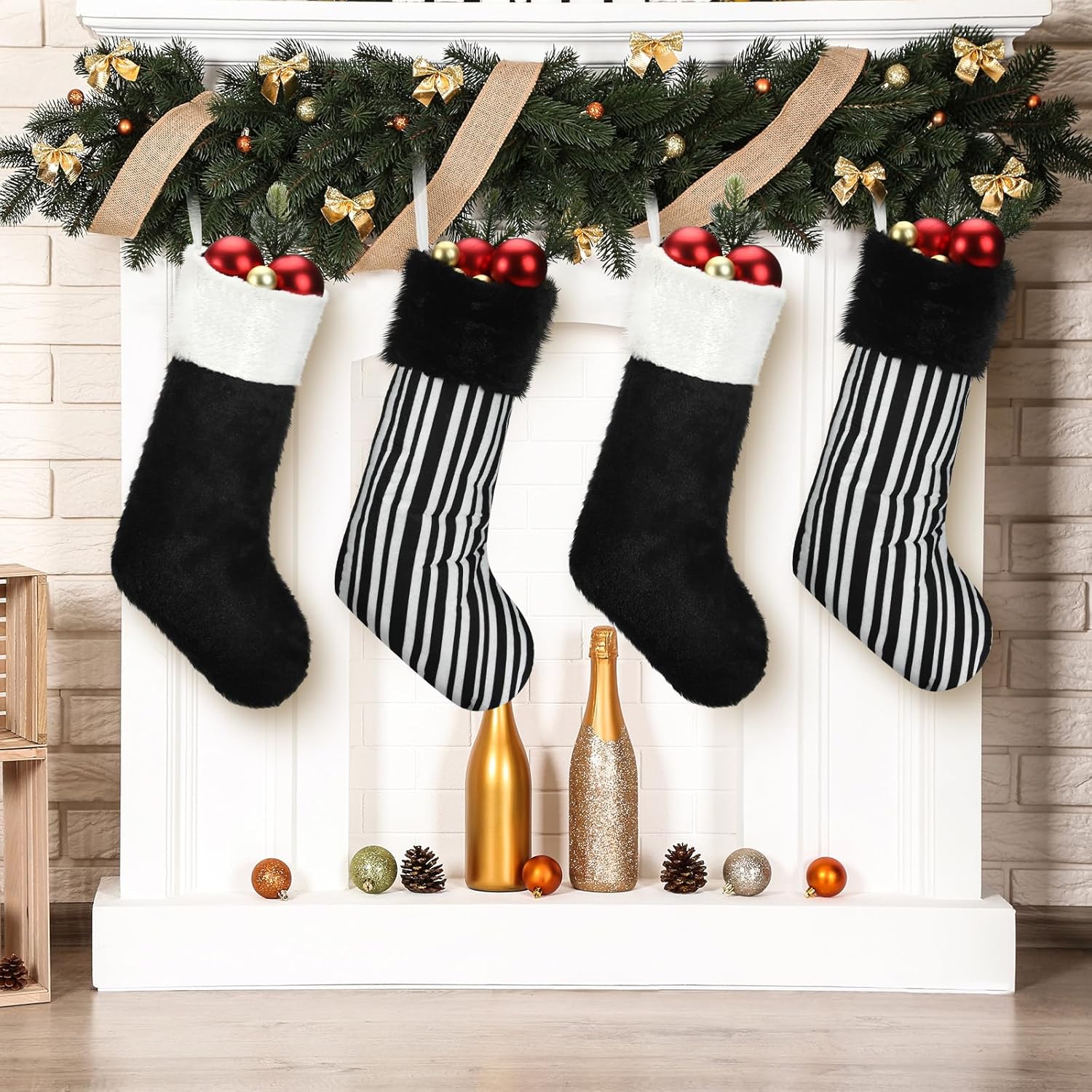 Realspring 4 Pcs Black Christmas Stocking 19" Black and White Christmas Stockings with Plush Cuff Xmas Faux Fur Hanging Sock Classic Fireplace Hanging Ornament for Xmas Tree Party Favors