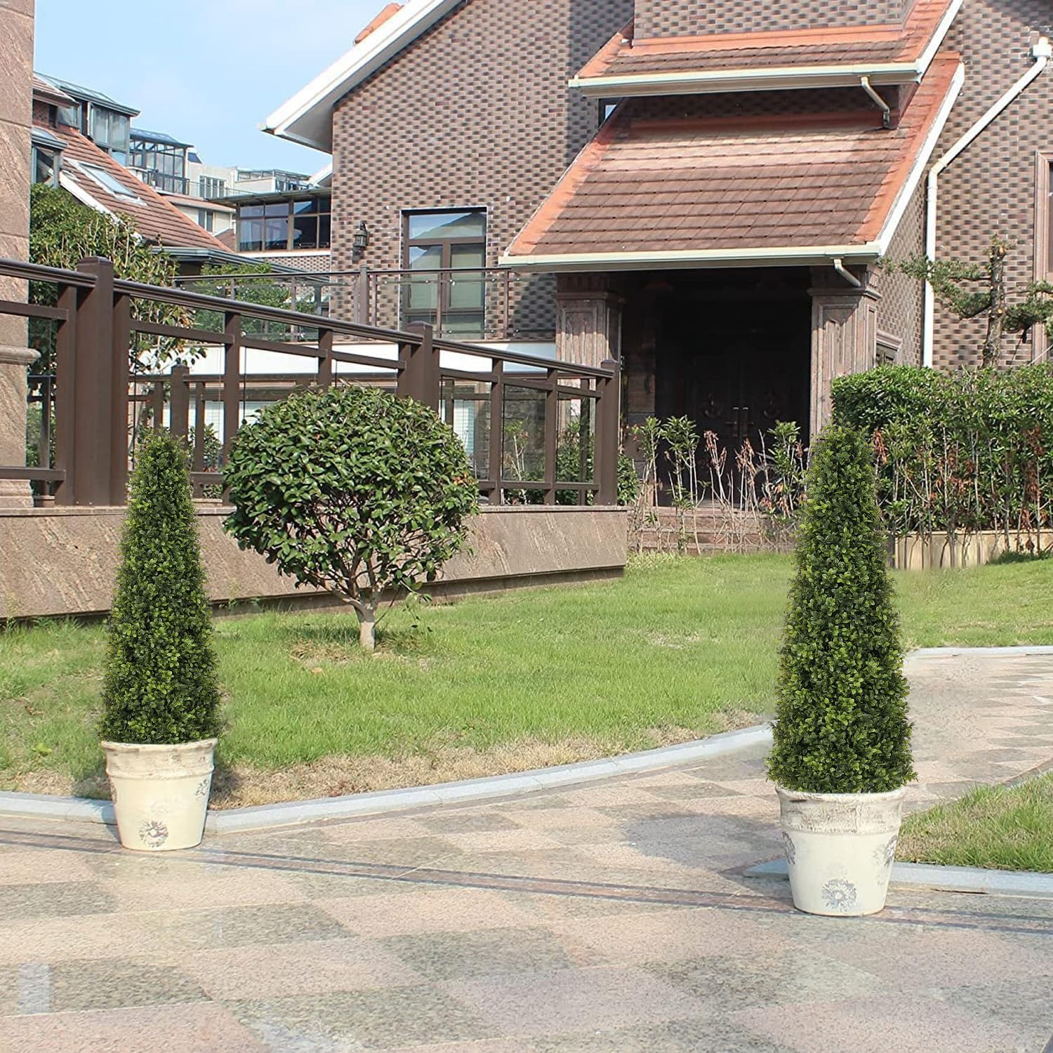 4ft Artificial Boxwood Topiary Trees (Set of 2) - UV Resistant Faux Plants Outdoor, Realistic 48in Fake Potted Bushes and Shrubs for Front Porch, Planter, Patio - Low Maintenance & Evergreen - Image 8