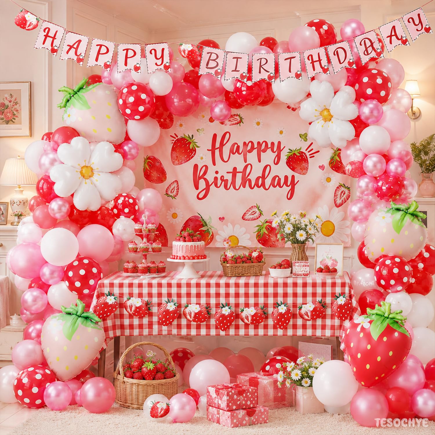 Tesochye Kit de décorations d'anniversaire en forme de fraise, décoration