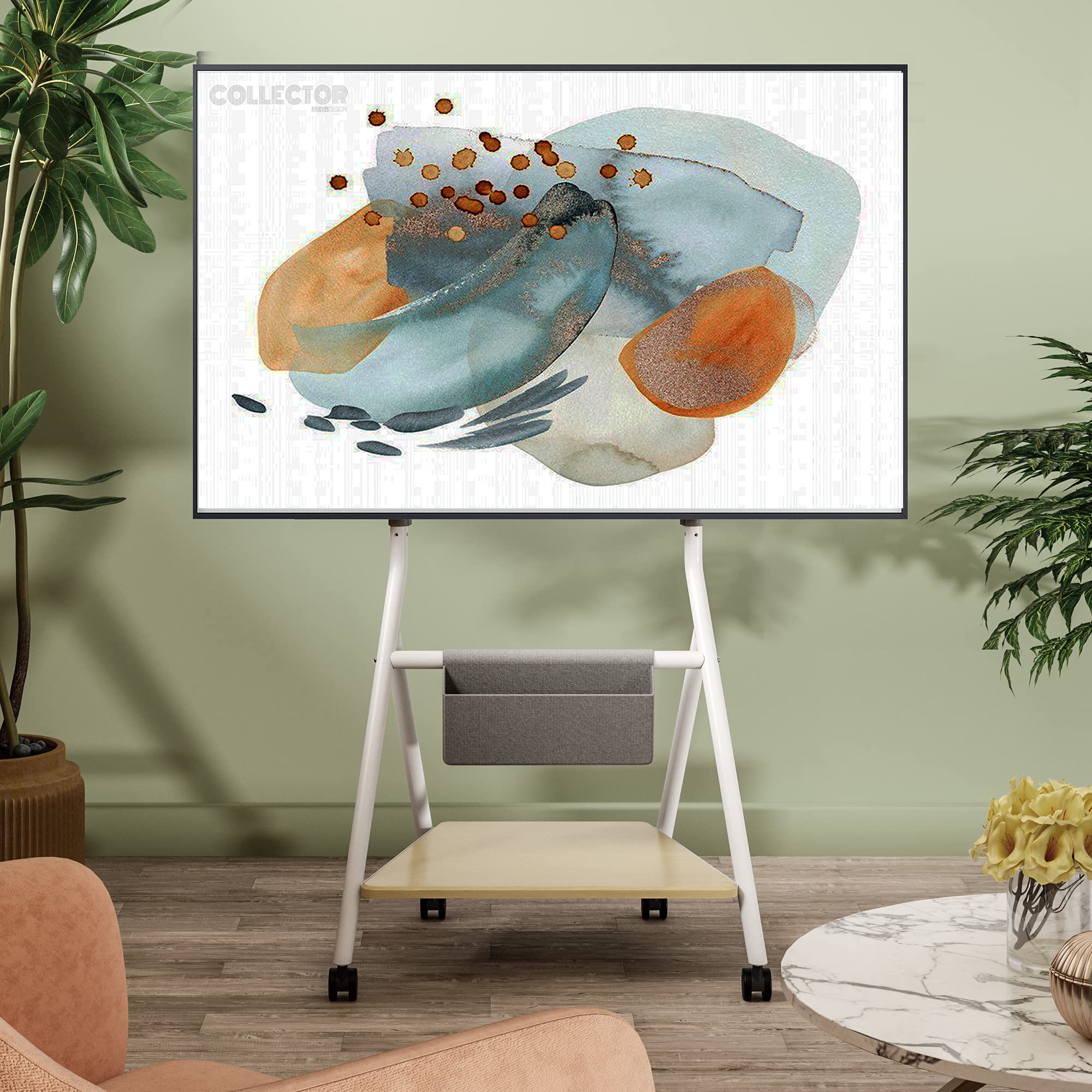 FITUEYES Supporto TV da Pavimento per Schermi 46 50 55 60 65 Pollici con Ruote, Carrello Moderno Mobile TV ad Angolo con Ripiani in Legno, Serie COLLECTOR