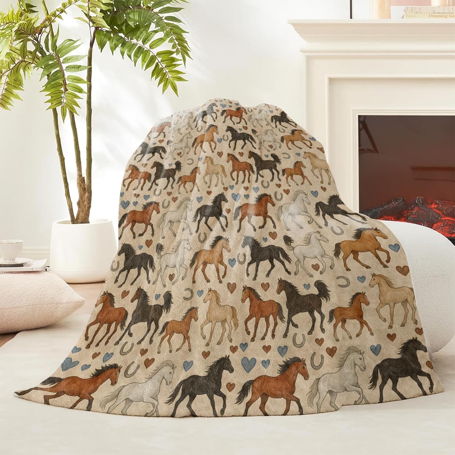 Horse Throw Blanket, Gifts for Kids Girls, Equestrian Horse Flannel Blankets for Travel Camping Sofa Living Room Decor, Fuzzy Warm Soft for Women Men Adults 50x60 in