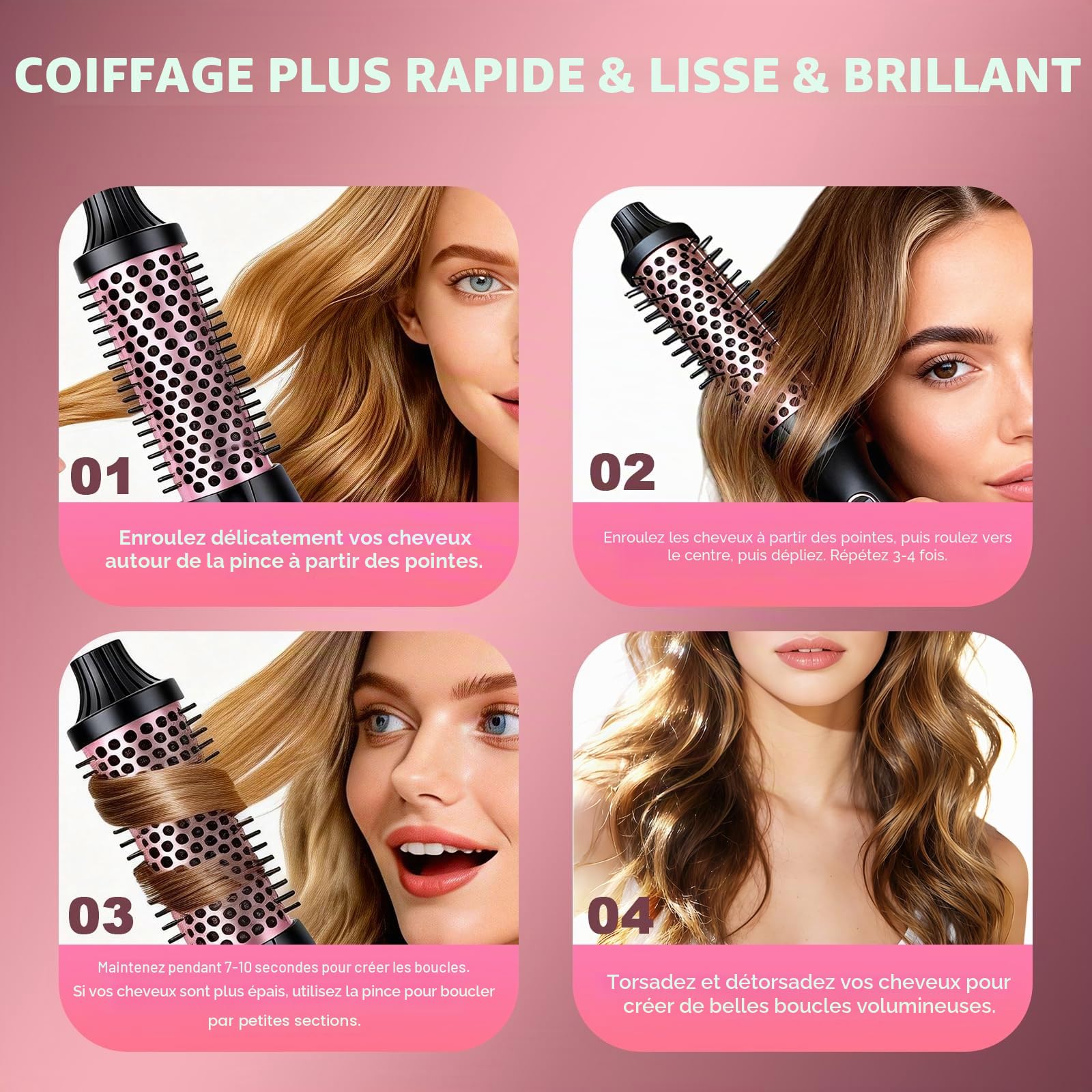 Brosse Chauffante Céramique, 38 mm Thermal Brush 3 in 1, LCD 100-210 °C,Lissage, Boucles Souples, Volume, Design Ionique Anti-Frisottis,5 Réglages de Température,Chauffage Rapide (Style 1)