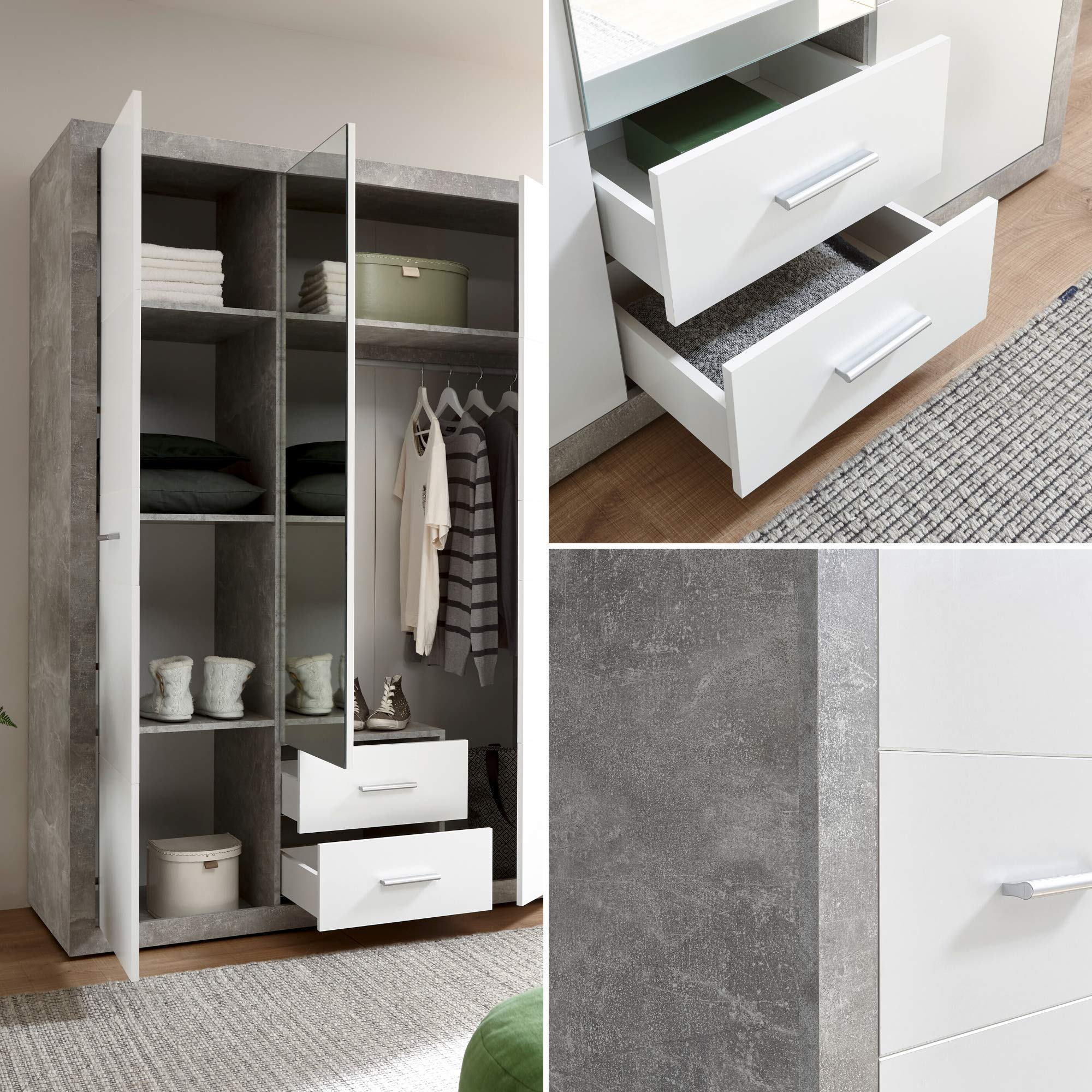 STONE Kleiderschrank Schrank Drehtürenschrank Beton-Optik Weiß mit Spiegel | 151 x 198 x 55 cm (B/H/T), Schlafzimmer, 3 Türen, Kleiderstange, inklusive Einlegeböden, viel Stauraum