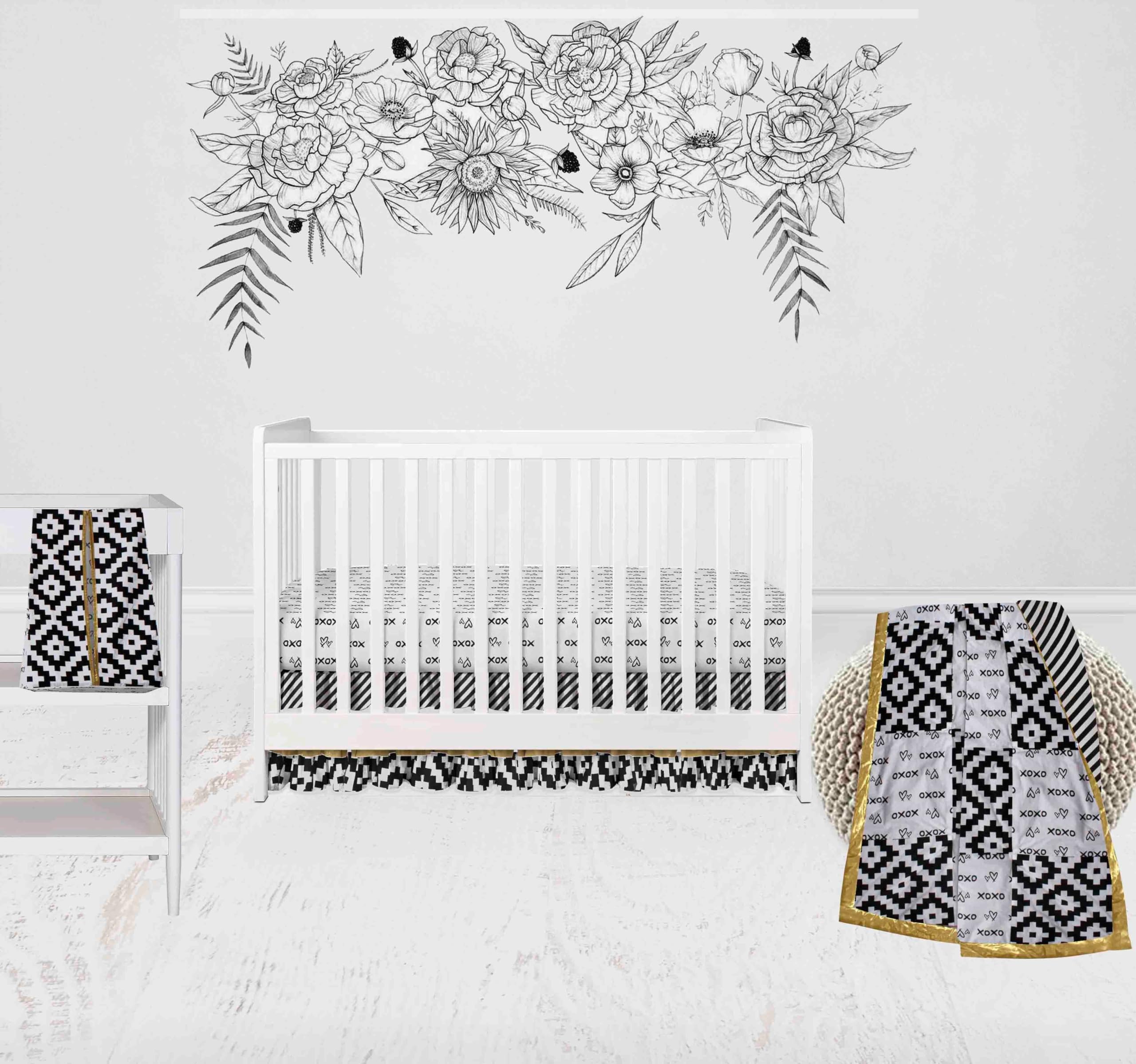 Bacati - Love Black Gold 4 Piece Neutral Crib Bedding Set with Diaper Caddy