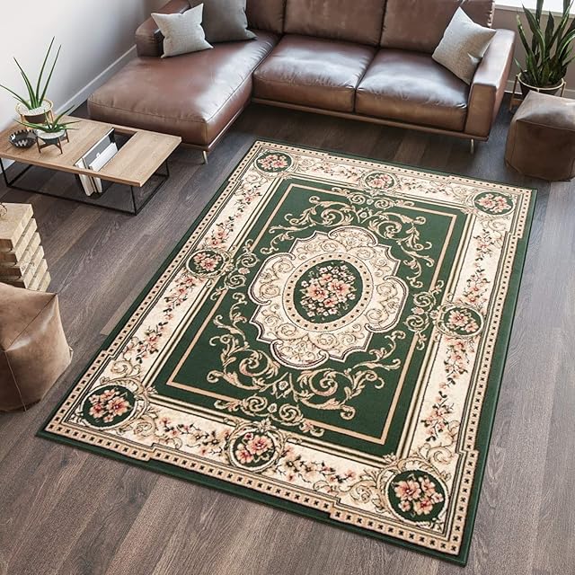 TAPISO Atlas Area Rug Green Cream Red Medallion Frame Traditional Short Pile Living Room Bedroom Durable OEKO-TEX Carpet Size - 160 x 230 cm (5ft3 x 7ft7)