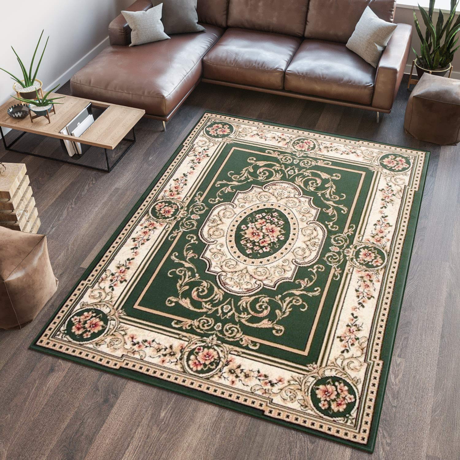 TAPISO Atlas Area Rug Green Cream Red Medallion Frame Traditional Short Pile Living Room Bedroom Durable OEKO-TEX Carpet Size - 130 x 190 cm (4ft3 x 6ft3) — image 1
