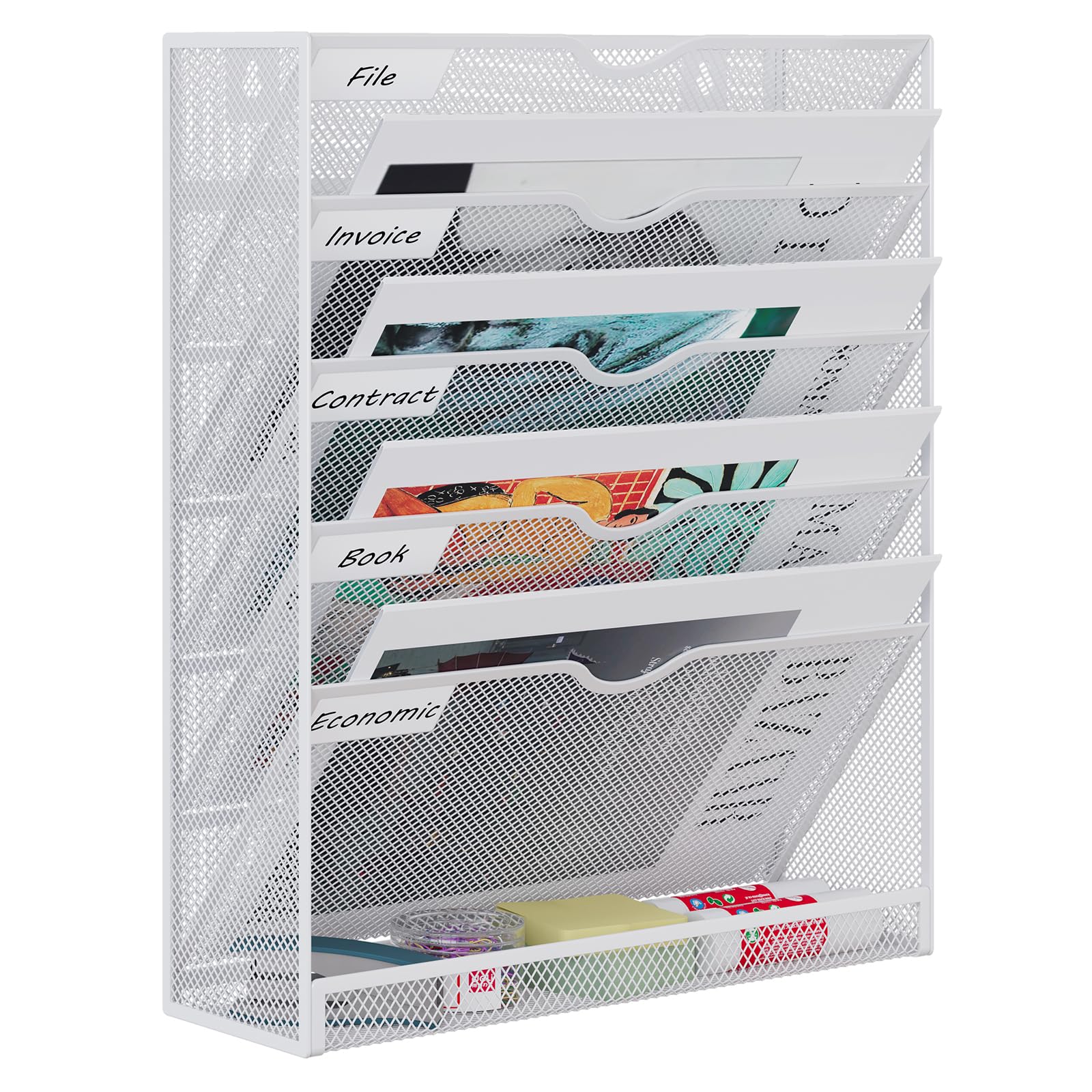 EasyPAG Fan-shaped 6 Compartment Desk Mesh Insert Box Office Desk Organizer A4 File Holder Post Sorter Paper Organizer Magazine Storage Shelf File Rack, White