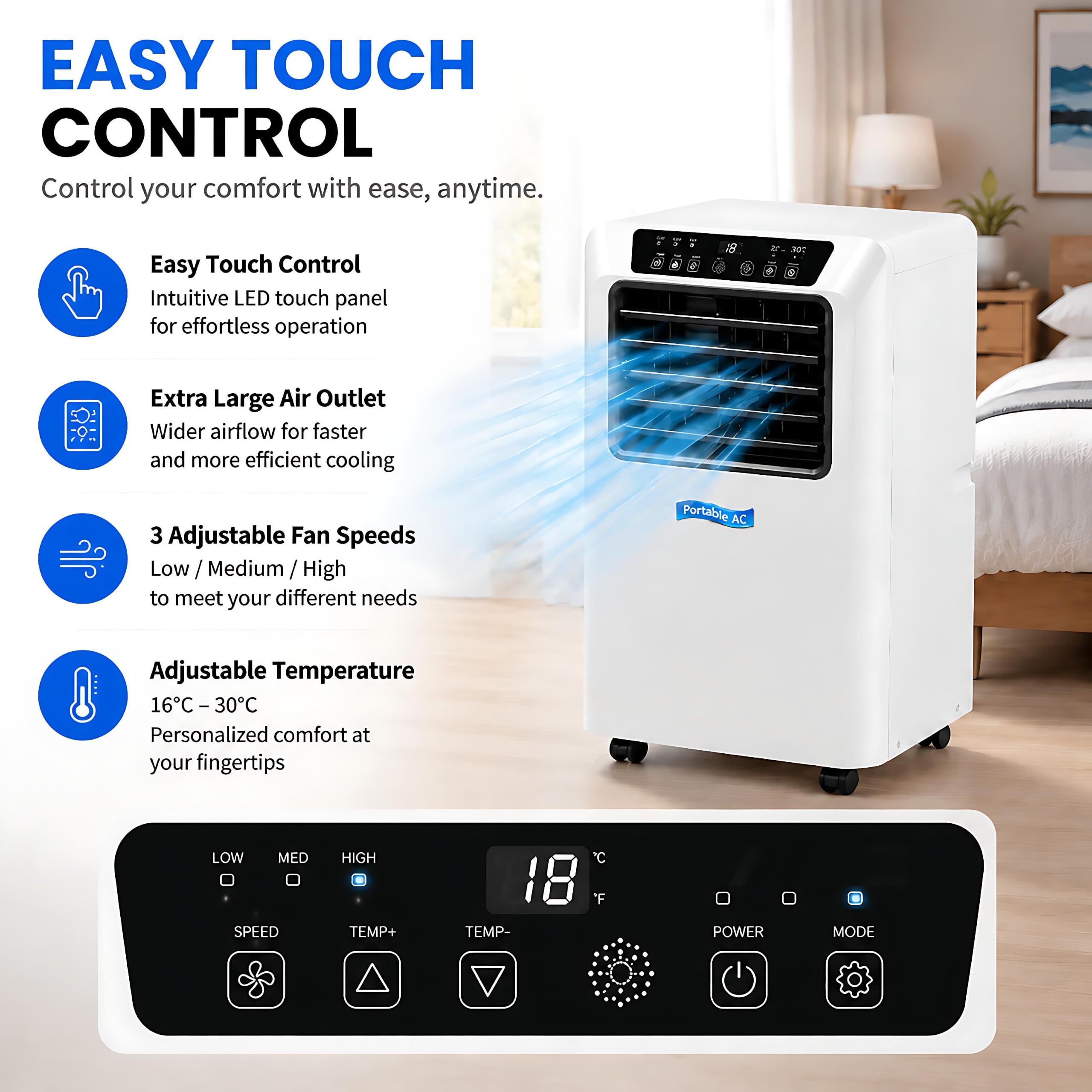 Aire Acondicionado Portátil 9000 BTU, Sistemas Frío y Deshumidificador, 3 Velocidades, Programación 12H, Kit de Sellado para Ventana, Gran Elección para Habitación y Oficina