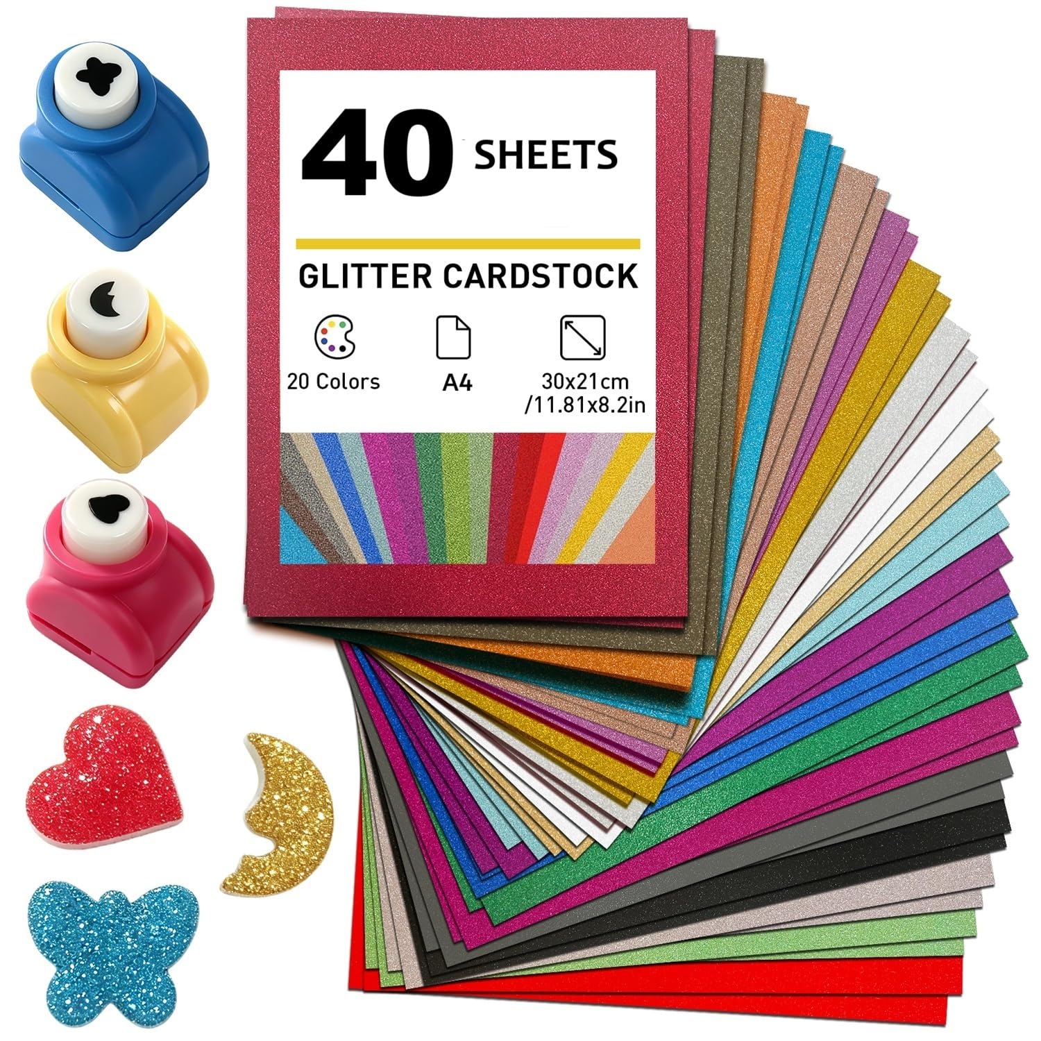 40 Sheets A4 Glitter Cardstock,20 Colors Craft Paper with 3 Crafts Punch