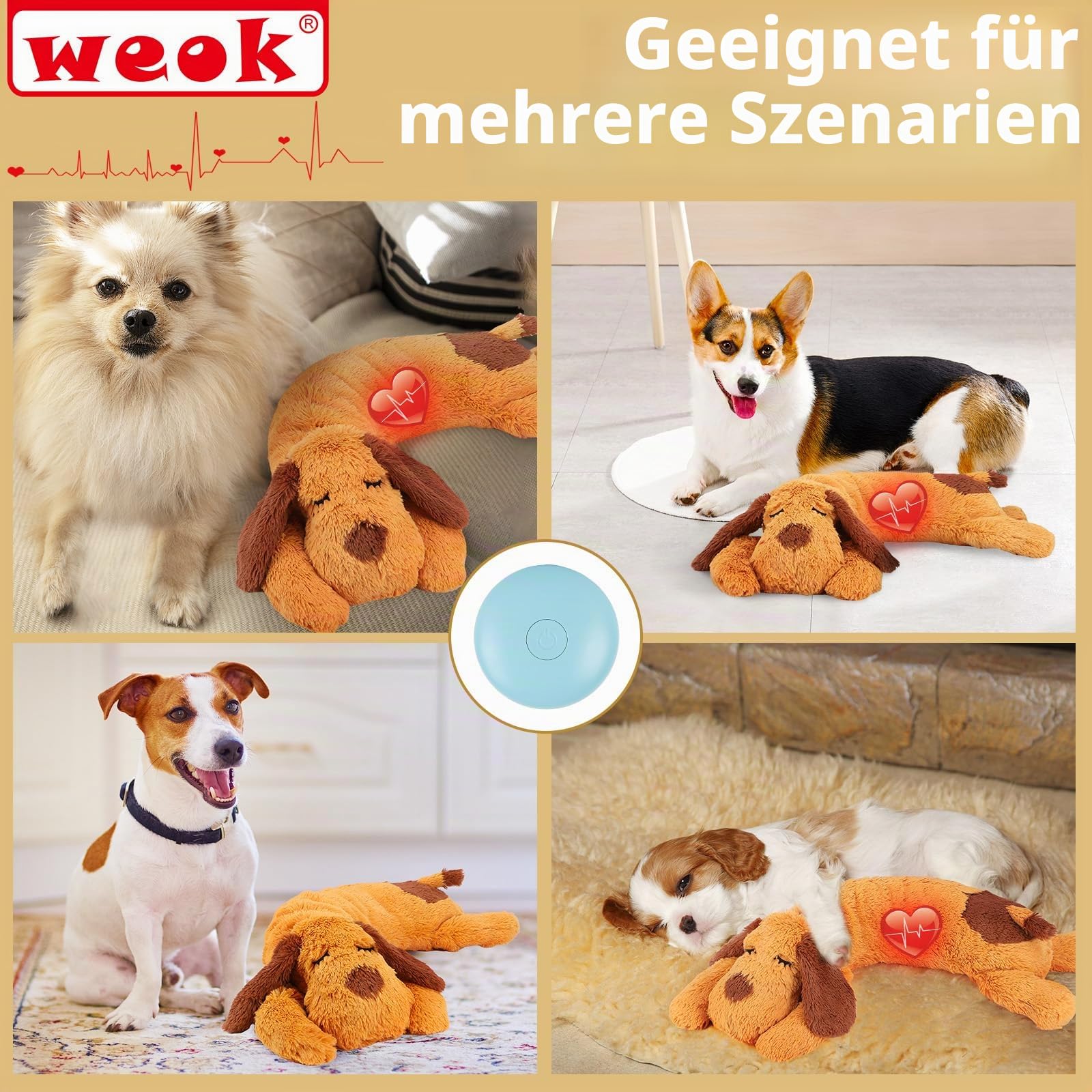 WEOK Herzschlag-Welpenspielzeug – Komfort-Kuschelkissen, zur Linderung von Angstzuständen, beruhigende Hilfe, Herzschlag-Spielzeug für Hunde, Welpenherzschlag-Spielzeug, Schlafhilfe