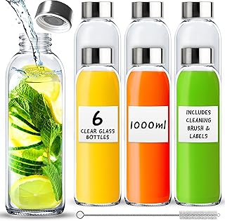 volila Trinkflasche aus Glas – 6er-Pack auslaufsichere Trinkflaschen für Saft, Milch und Smoothies – wiederverwendbare Glasflasche mit luftdichten Metallkappen, Bürste und weißen Etiketten (1000ml)