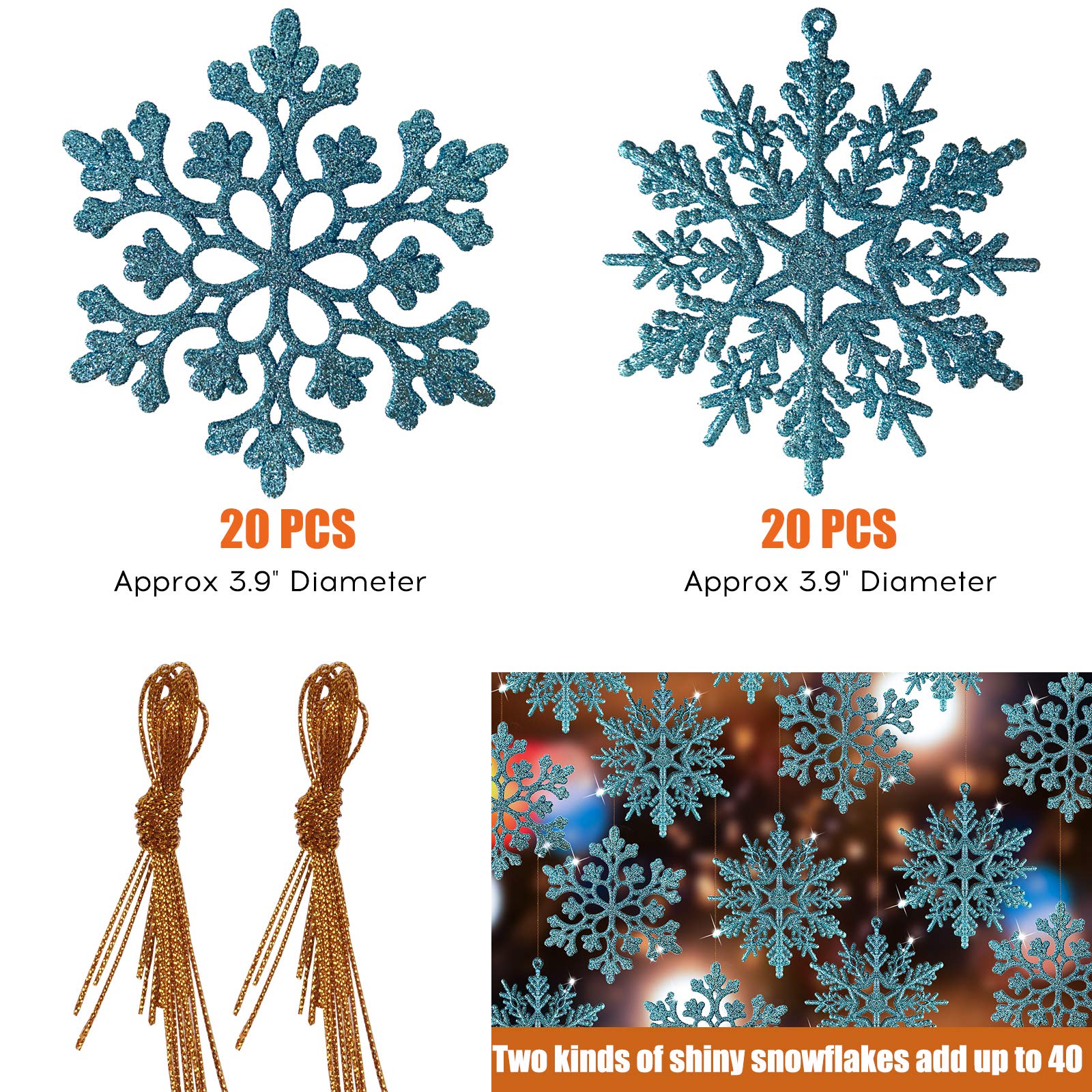 RECUTMS 40Pieces Blue Glitter Snowflake Winter Snowflake Ornaments Christmas Hanging Decorations for Christmas Tree Wedding Embellishing Party Decorations,4 Inches,2 Pattern (Blue)