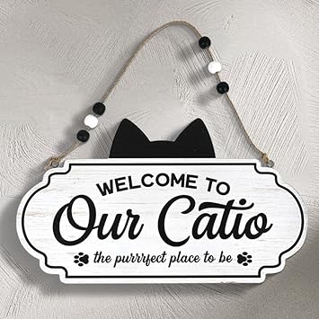 Catio Accessories Cat Sign Welcome to Our Catio Sign Front Door Sign for Cat Decor Wooden Sign for Black Cat Decor,Gifts for Cat Lovers
