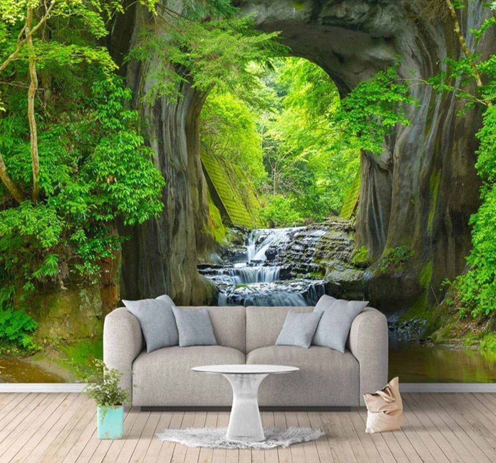 Tzxztt Fresh Green Forest Cave Natural Landscape Modern 3D Wallpaper Premium Textured Silk Neutral Tones Material Ideal for Living Room Bedroom-300cm×210cm