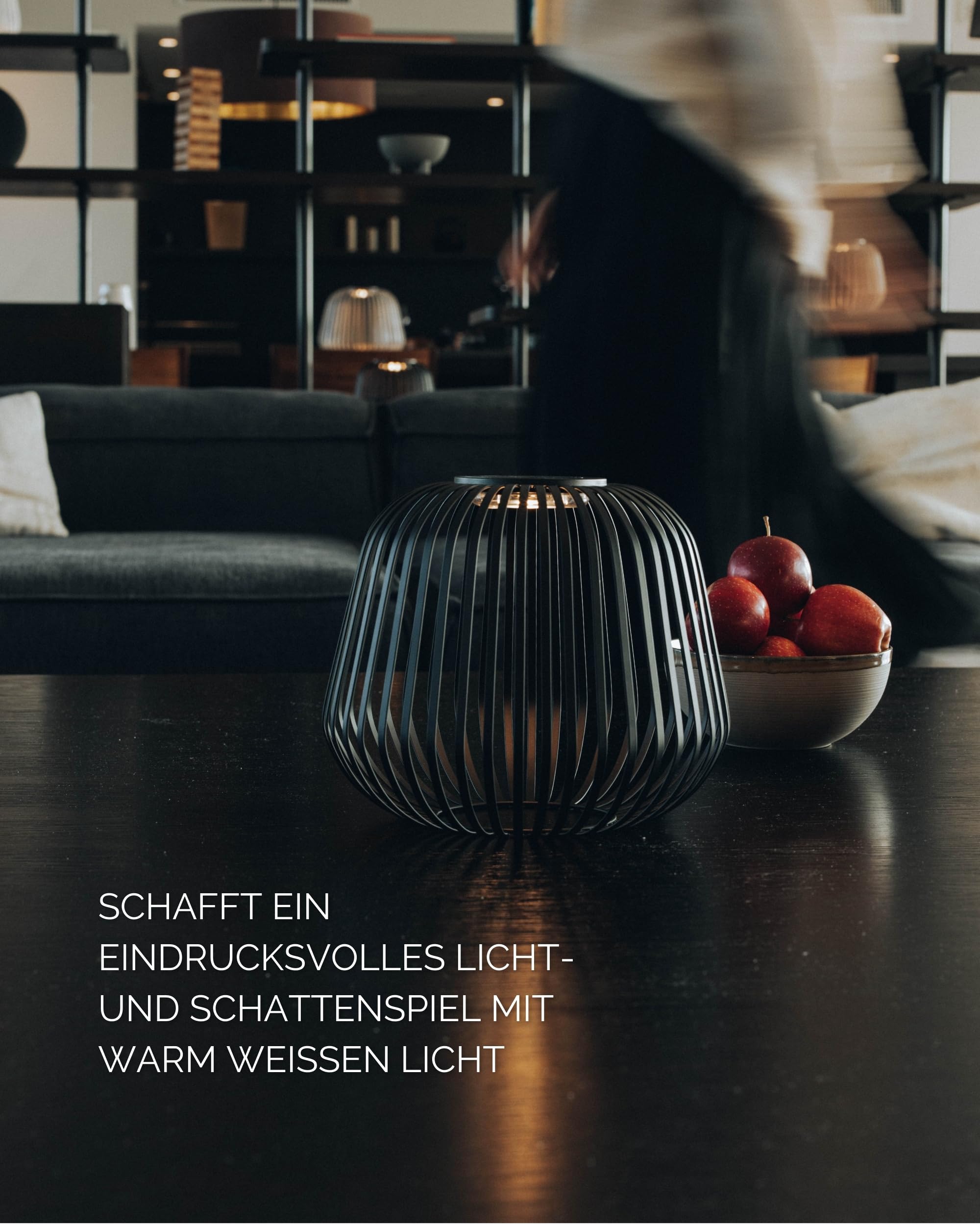 LUUK Studio Moderne Solarlaterne SOLIS, IP65, wiederaufladbar & kabellos, dimmbares Stimmungslicht, Schwarz