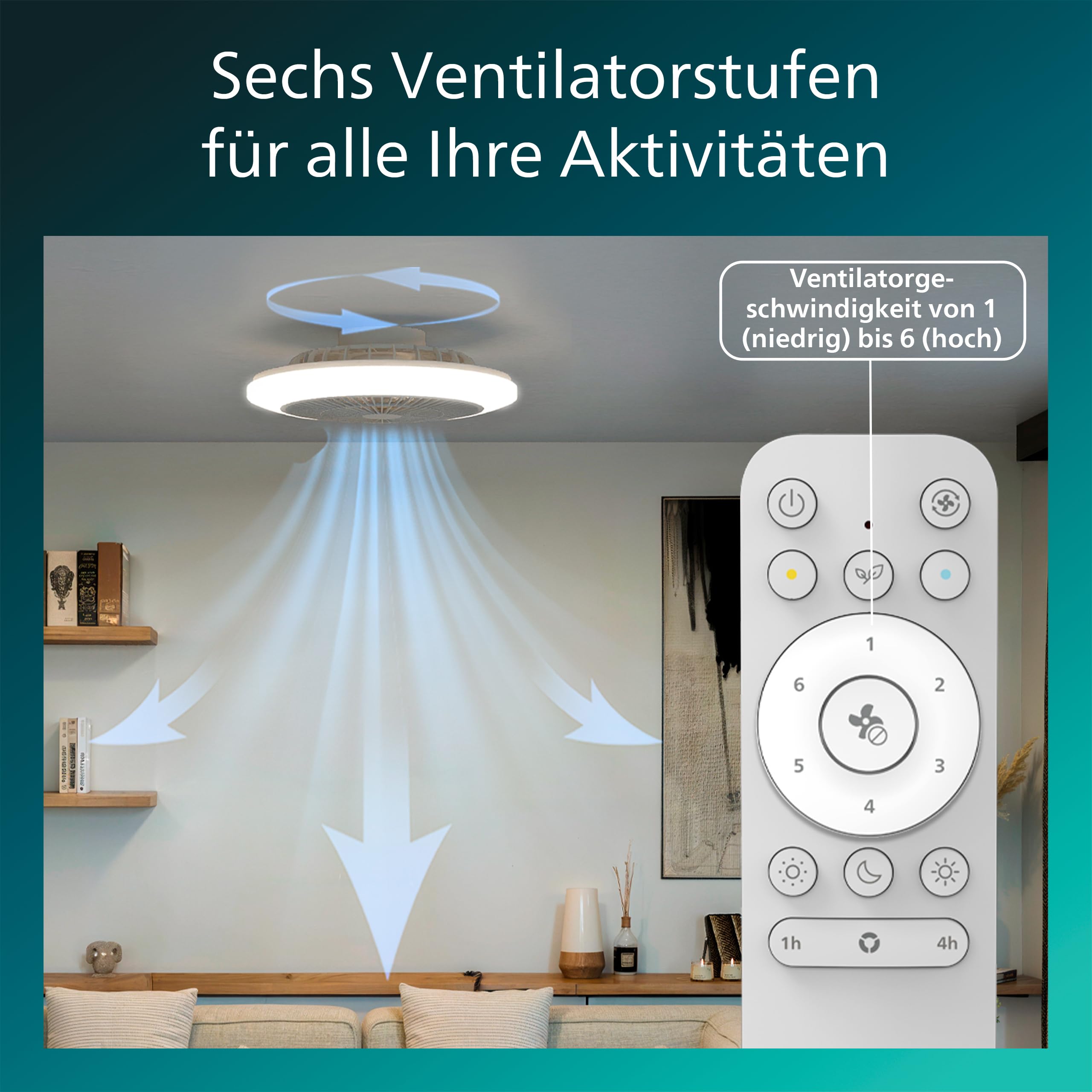 Lampa z wiatrakiem Philips Amigo LED, Zakrzywione Łopatki w Bezpiecznej Podwójnej Obręczy, Średnica 48 cm, 4400 Lumenów, Pełna Paleta Kolorów i Regulowana Barwa 2700–6500 K, 6 Prędkości, Pilot, Biały