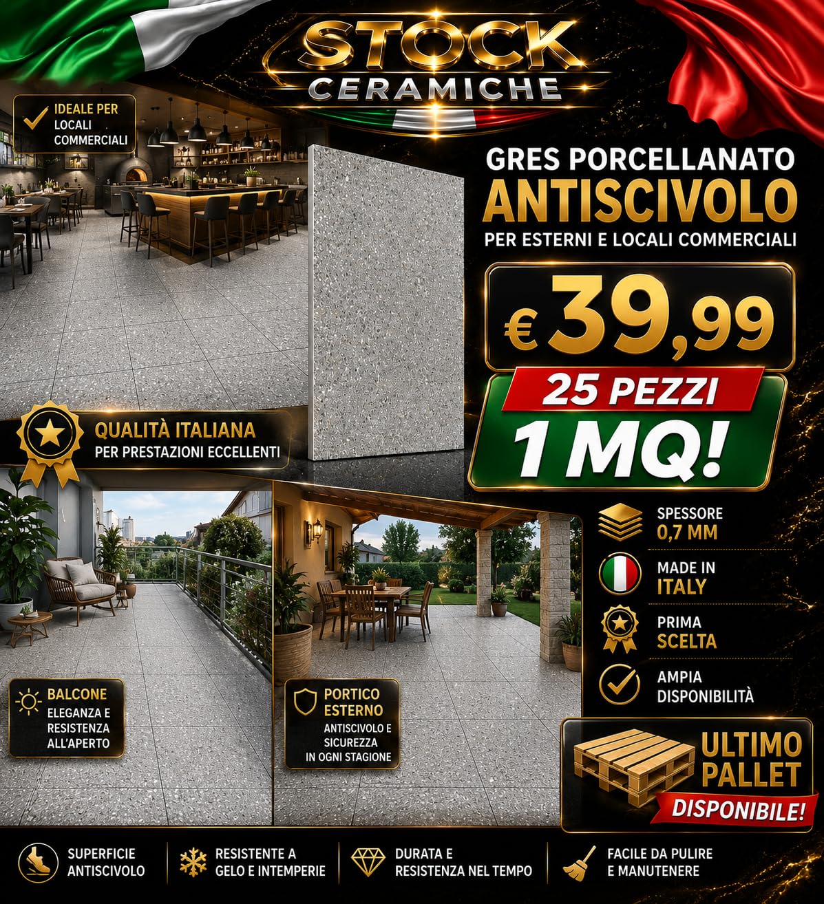 Stock Ceramiche Gres Porcellanato Antiscivolo Grigio, 20x20 cm, Ceramica Smaltata, per Pavimento Esterno e Locali Commerciali, 25 Pezzi