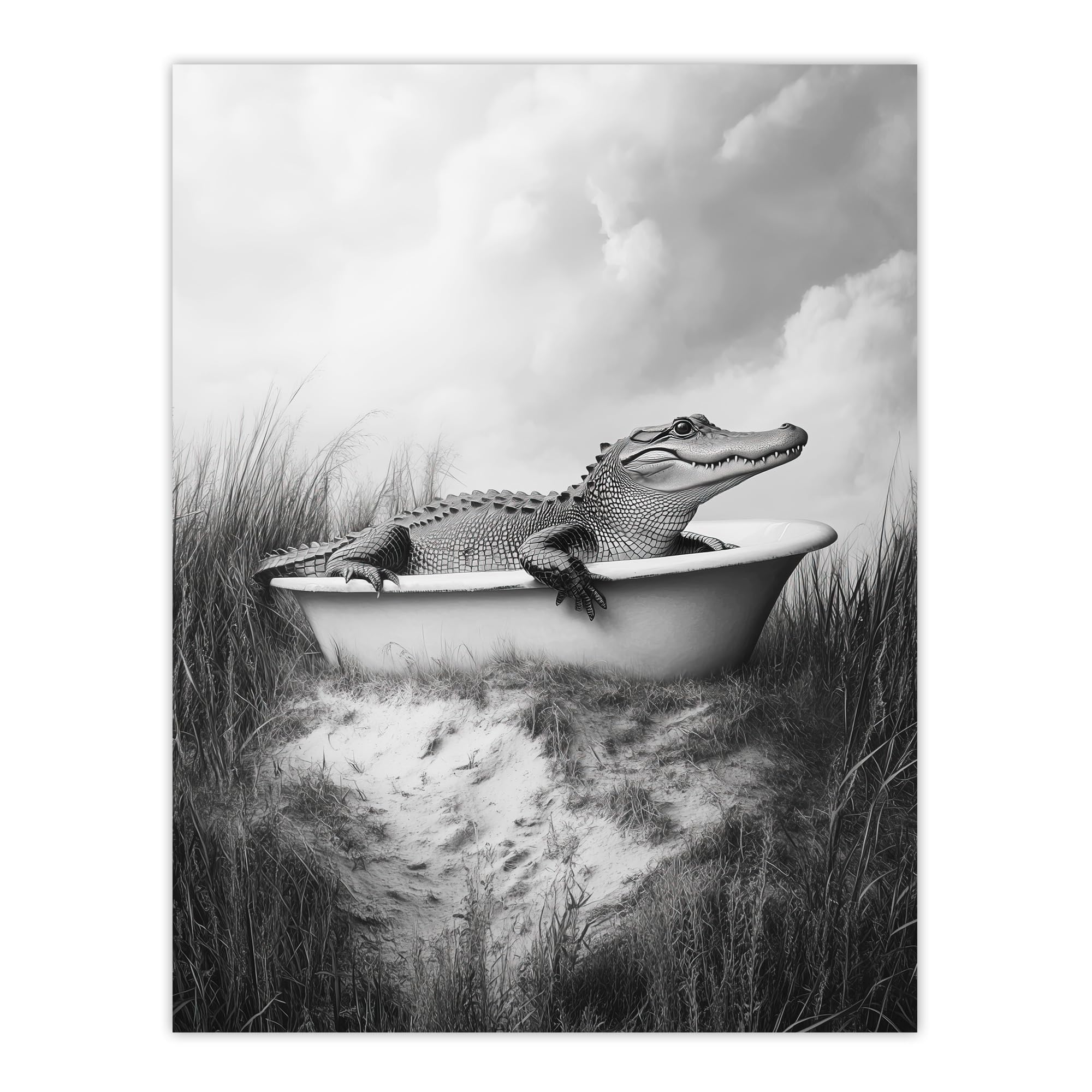 Artery8 Alligator in Bathtub Wall Art Print - Black and White Fun Cheeky Poster - W24 inch x H32 inch