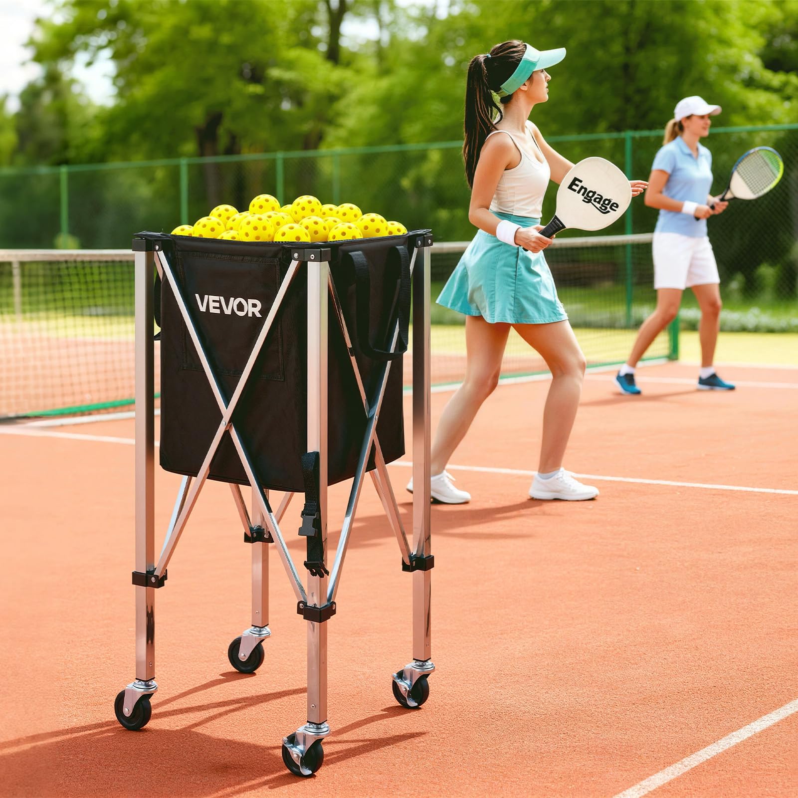 VEVOR Kosz na piłki tenisowe z kółkami, pojemność 200 piłek, składany wózek z piłką ze stali nierdzewnej, przenośny kosz do treningu tenisa i pickleballu, z torbą do przechowywania