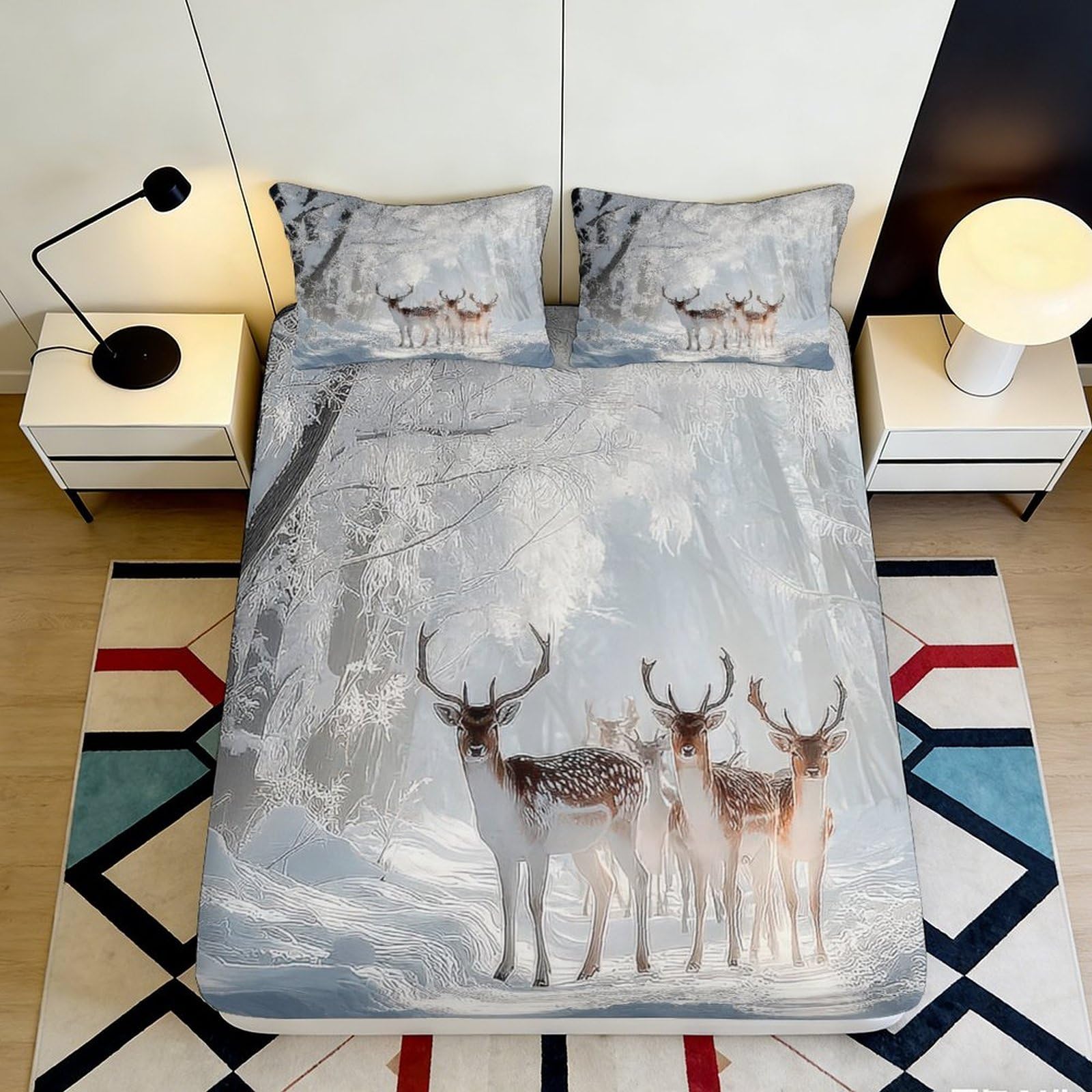 3D Printed Winter Deer Fitted Sheet Microfiber Soft Breathable Snow Forest Bed Cover for Bedroom Dormitory Guest Room Mattress Protection Decor 140x200x25cm