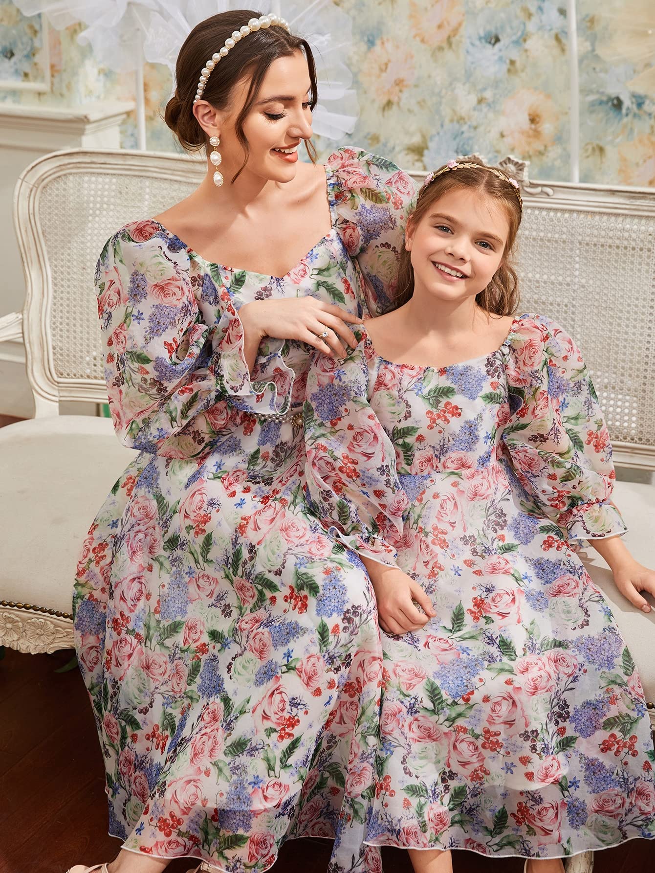 FCHUI Women Dresses 1pc Floral Lantern Sleeve Dress Without Belt (Size : Small)