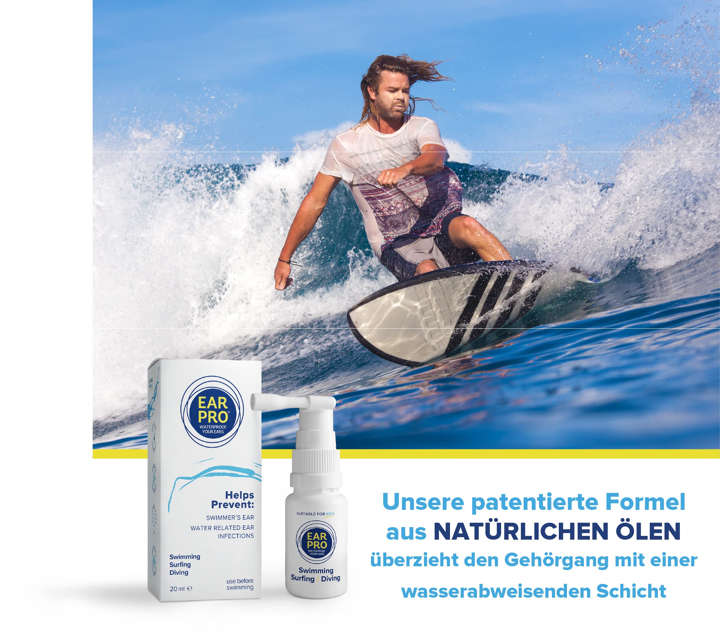 Ear Pro Ohrenspray für Kinder & Erwachsene – Schutz vor Wasser im Ohr – Natürliche Alternative zu Ohrstöpseln beim Schwimmen, Surfen, Tauchen – Bis zu 200 Anwendungen