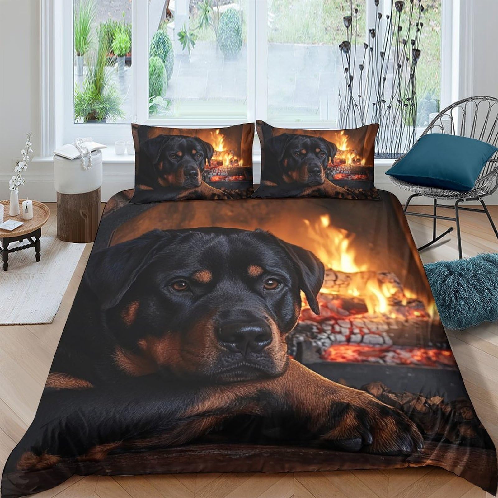 Ctjqhvkz Style-2 3D Printed Rottweiler Dog Fitted Sheet Microfiber Soft Brown Fire Scene Bed Sheet For Bedroom Guest Room Decor Single（135X200cm）