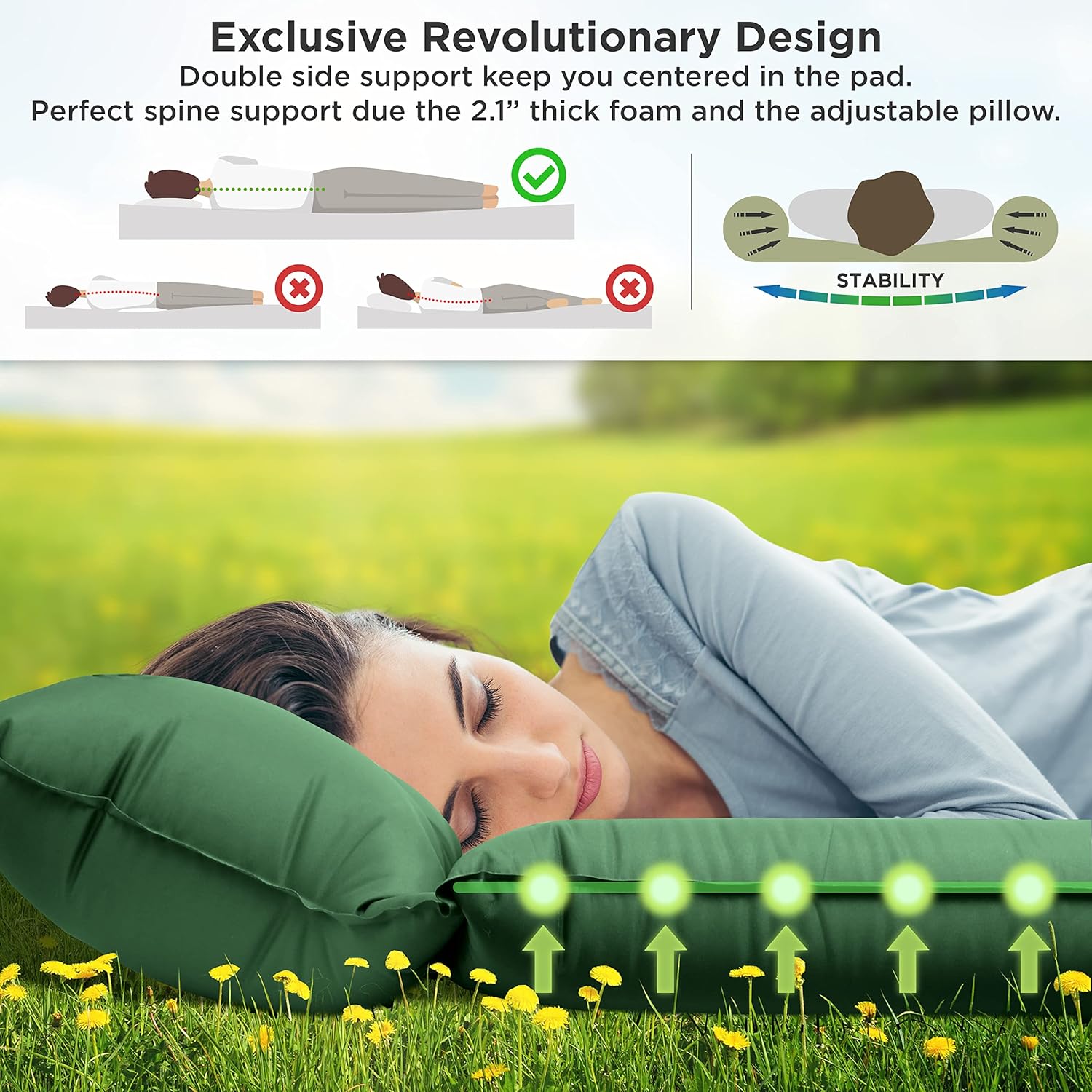 Camping Pad with Armrest & Pillow - Self-Inflating Air Mattress - Rollover Protection - Ultra-Comfortable Mat - Lightweight for Tent, Cot, Backpacking(L/XL)